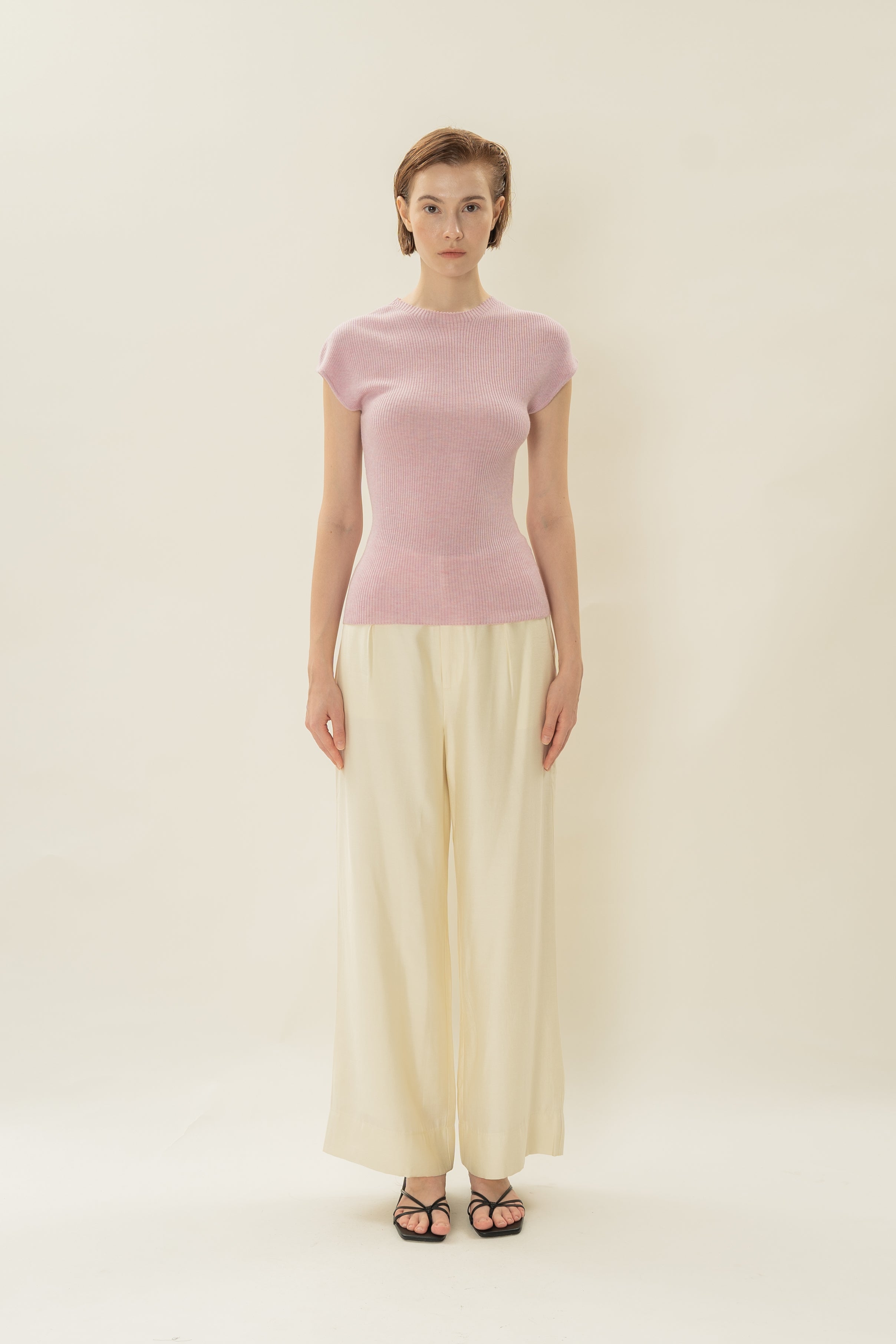 Stretch Knit Cap-Sleeve Top in Pale Pink