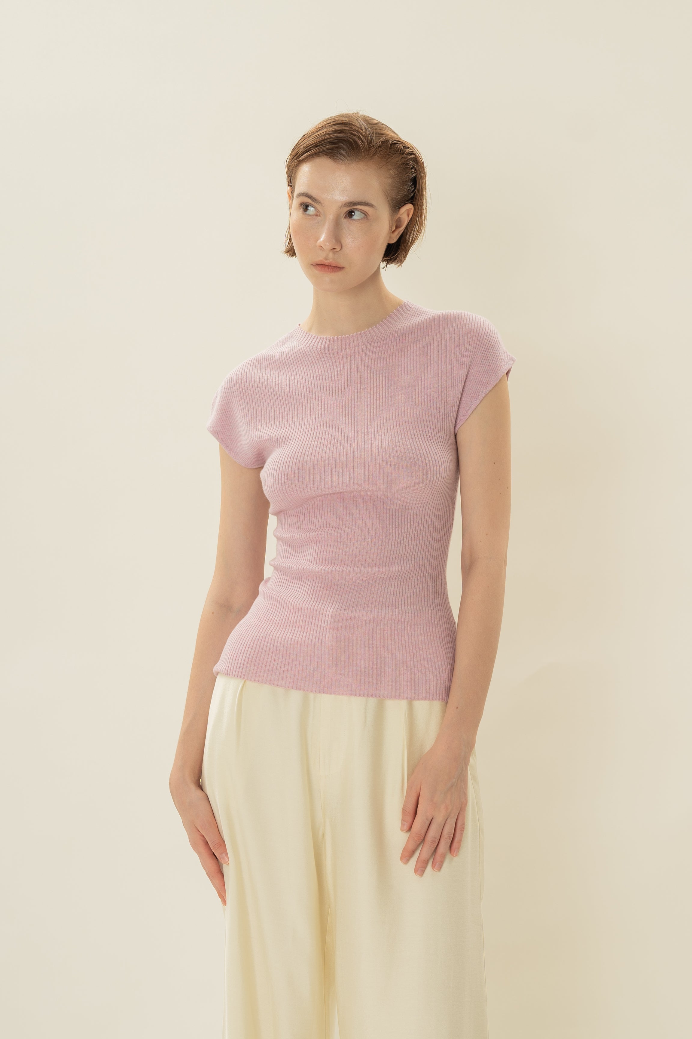 Stretch Knit Cap-Sleeve Top in Pale Pink
