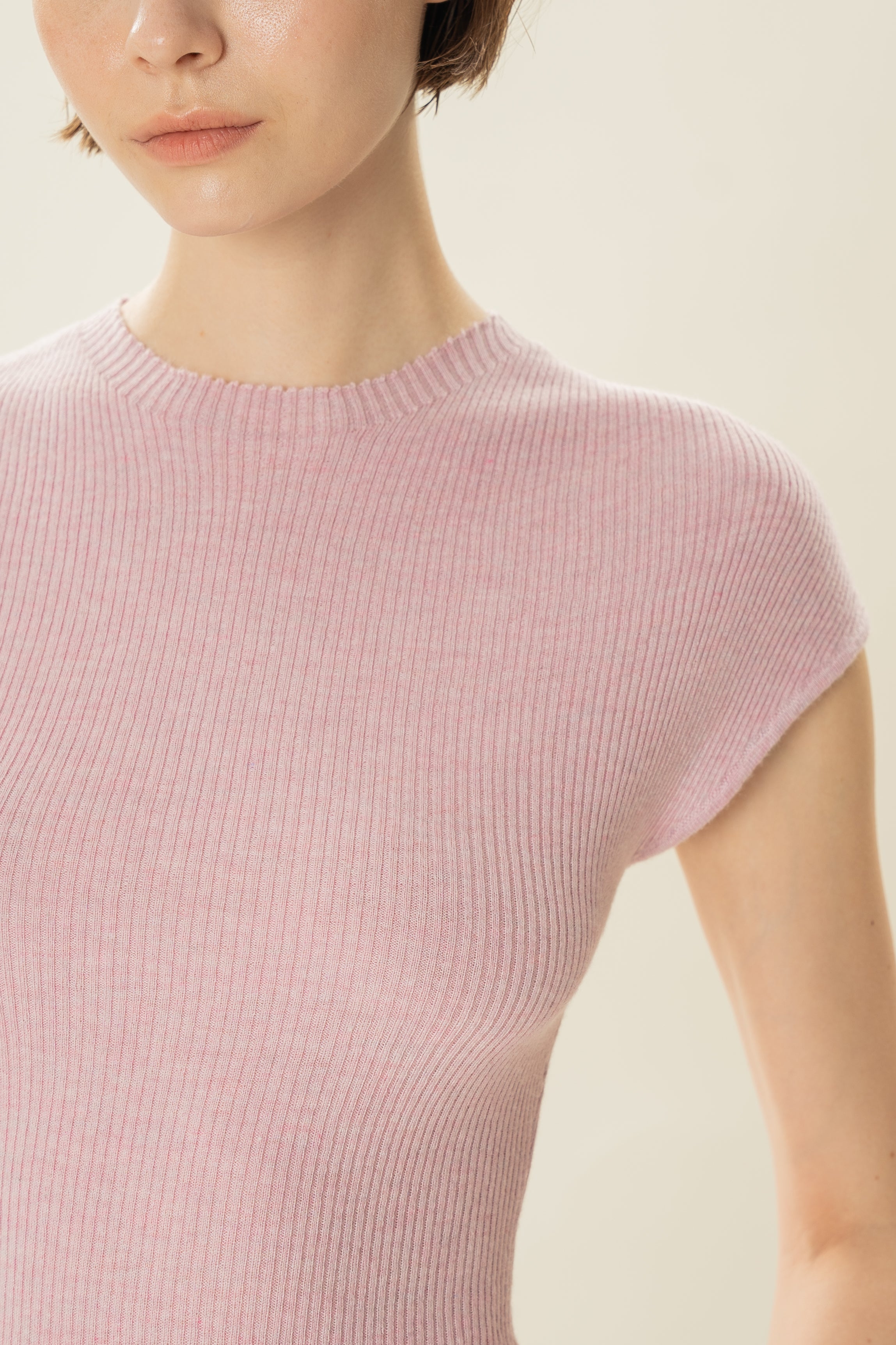 Stretch Knit Cap-Sleeve Top in Pale Pink