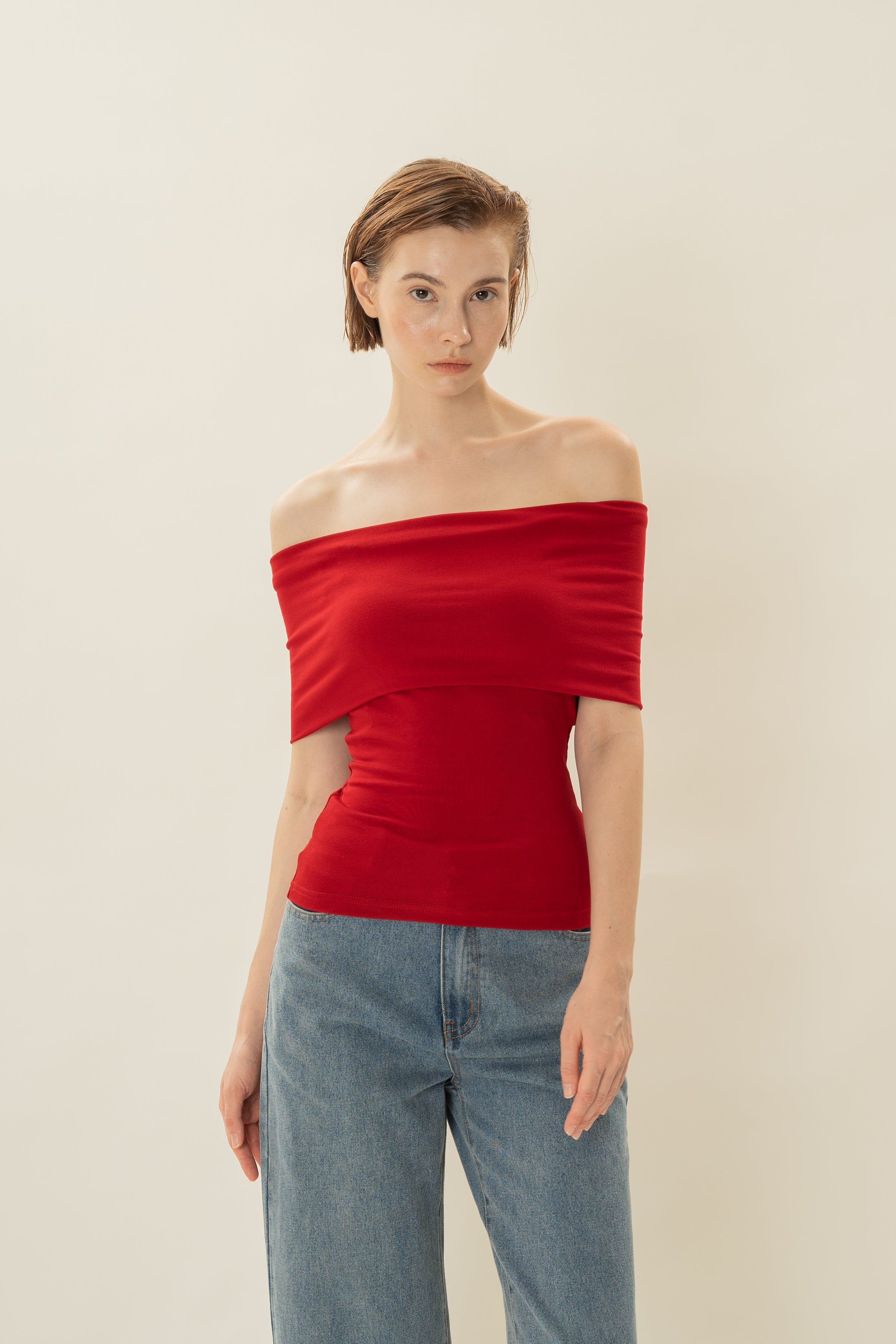 Padded Off Shoulder Wrap Top in Red