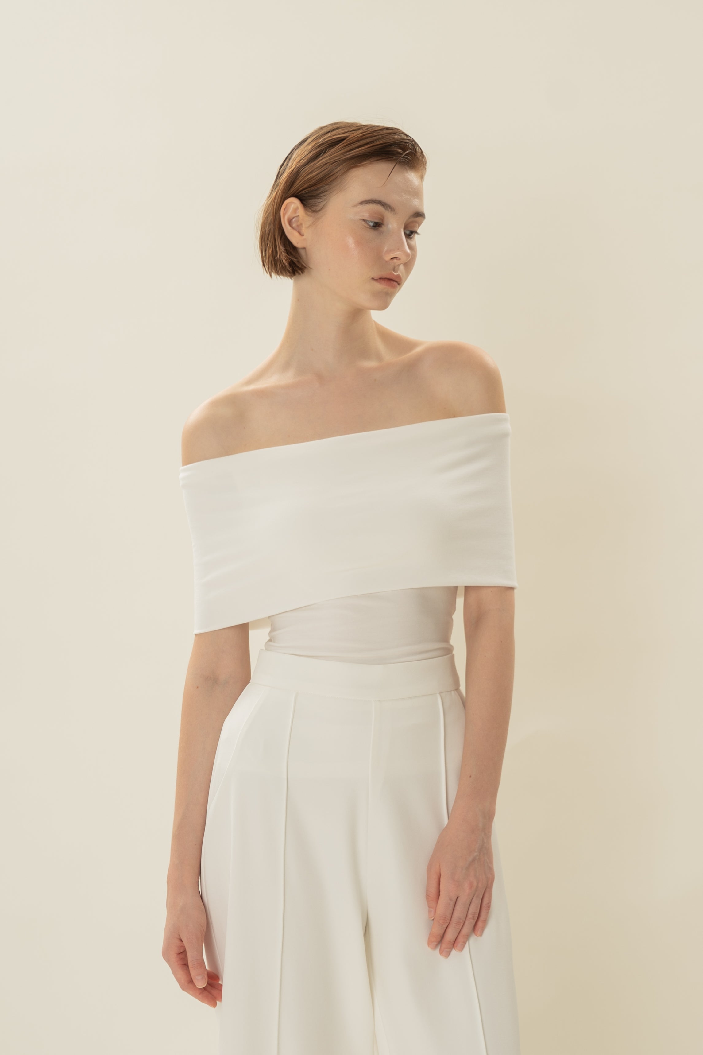 Padded Off Shoulder Wrap Top in White