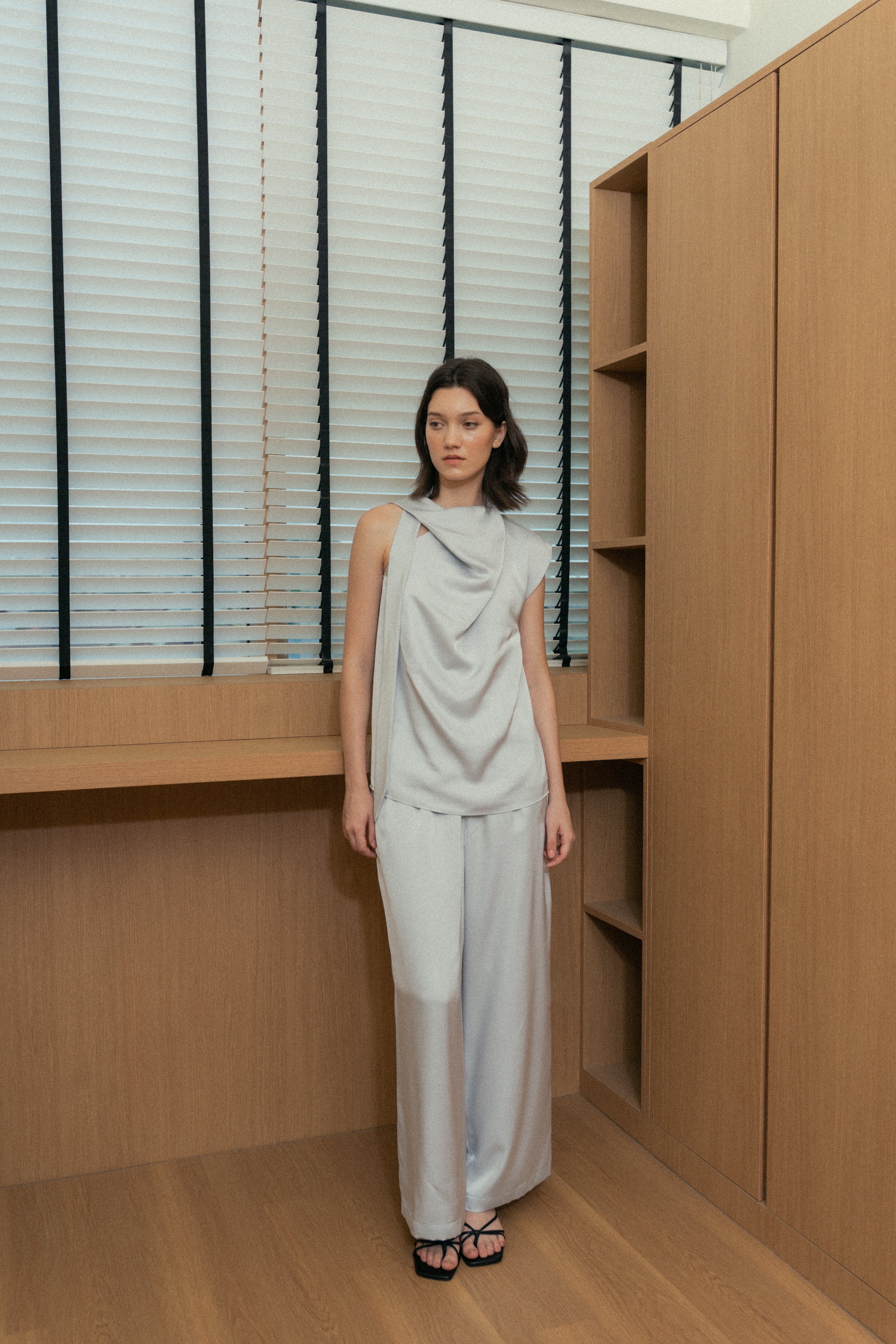 Pleated Satin Pants in Muted Blue