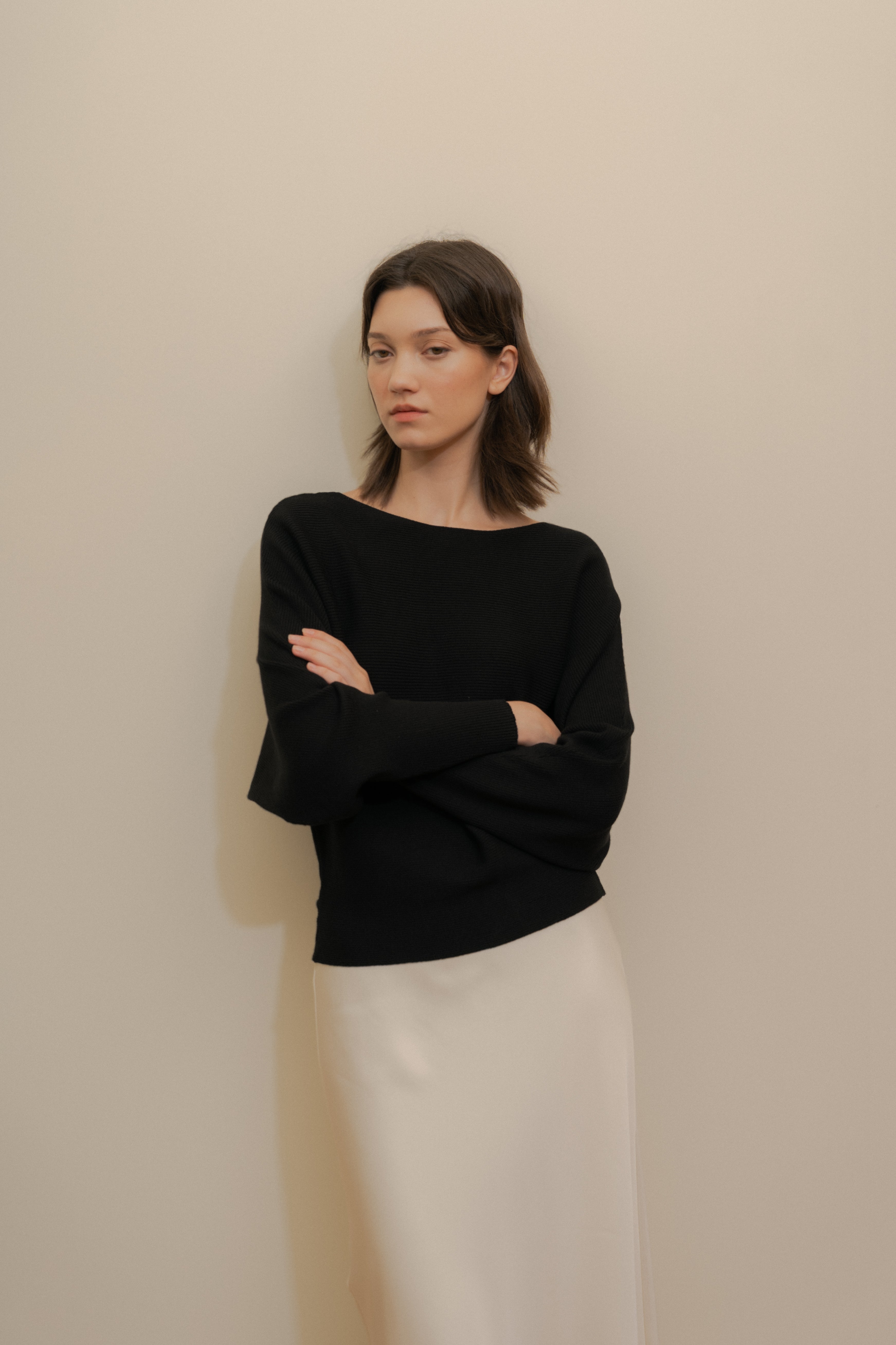 Boat Neck Knitted Long Sleeved Top in Black