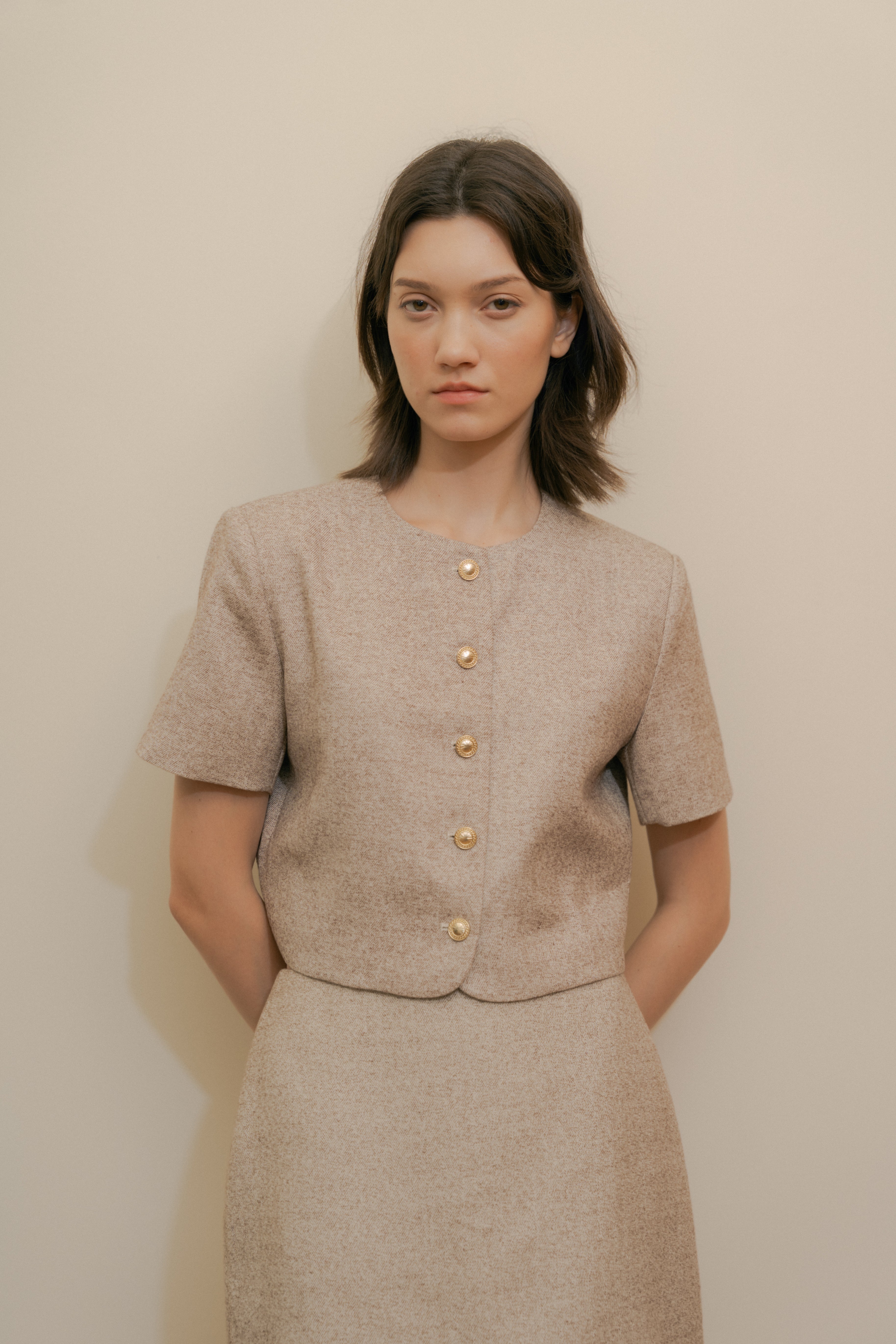 Textured Collarless Short Sleeved Jacket in Beige