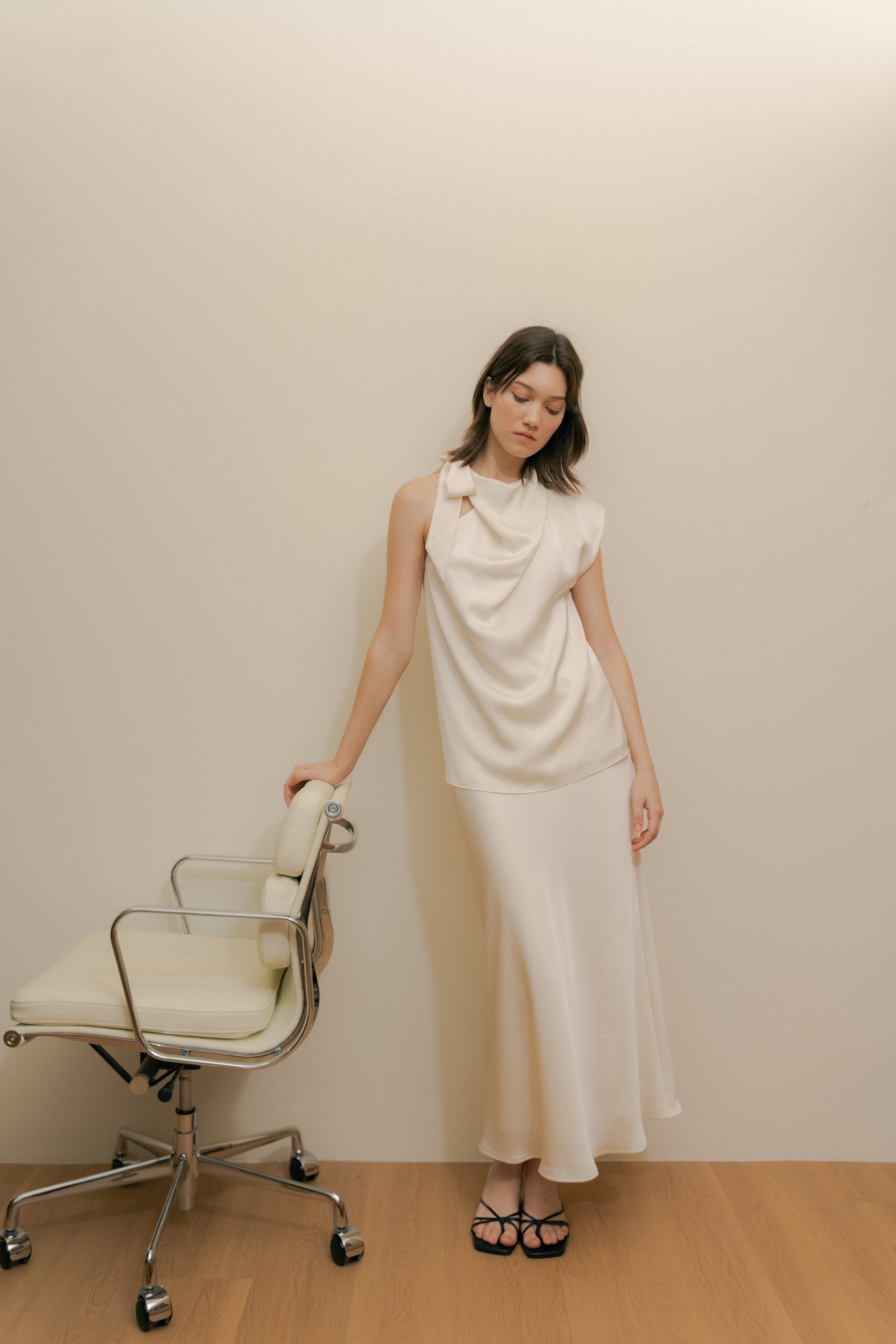 Satin Midi Slip Skirt in Natural