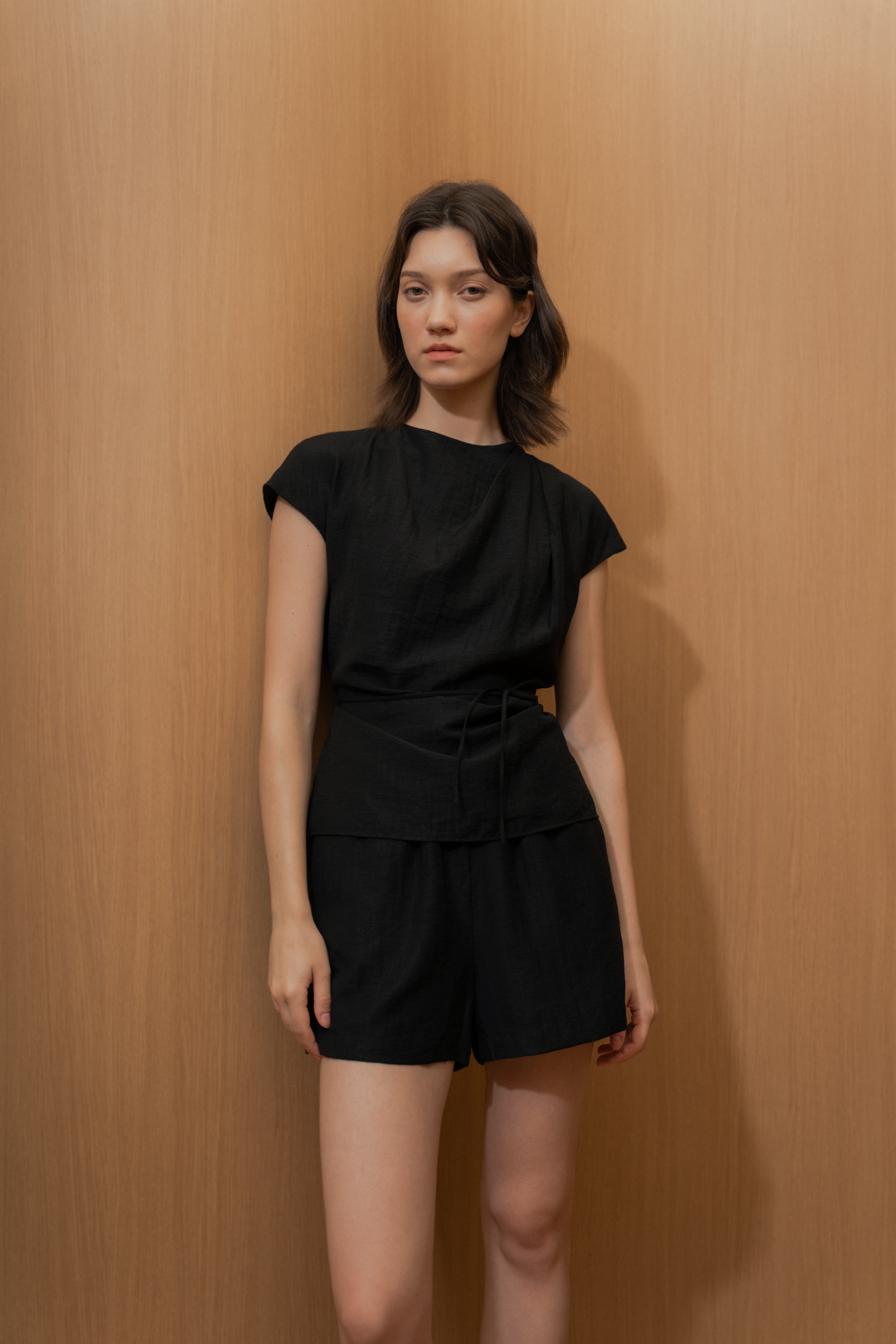 Pleated Shoulder Tie Top in Black