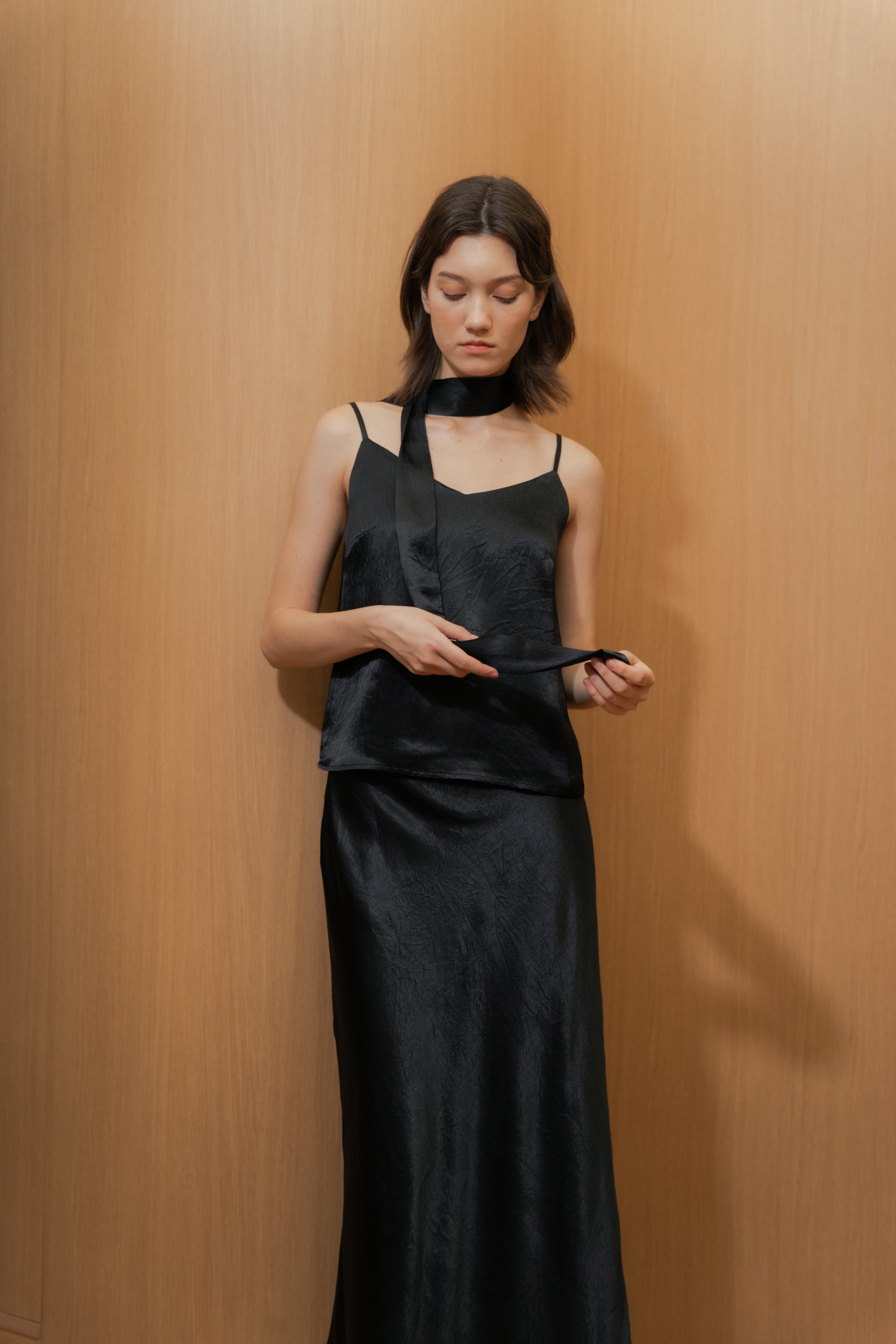 Satin Camisole Slip Top in Black
