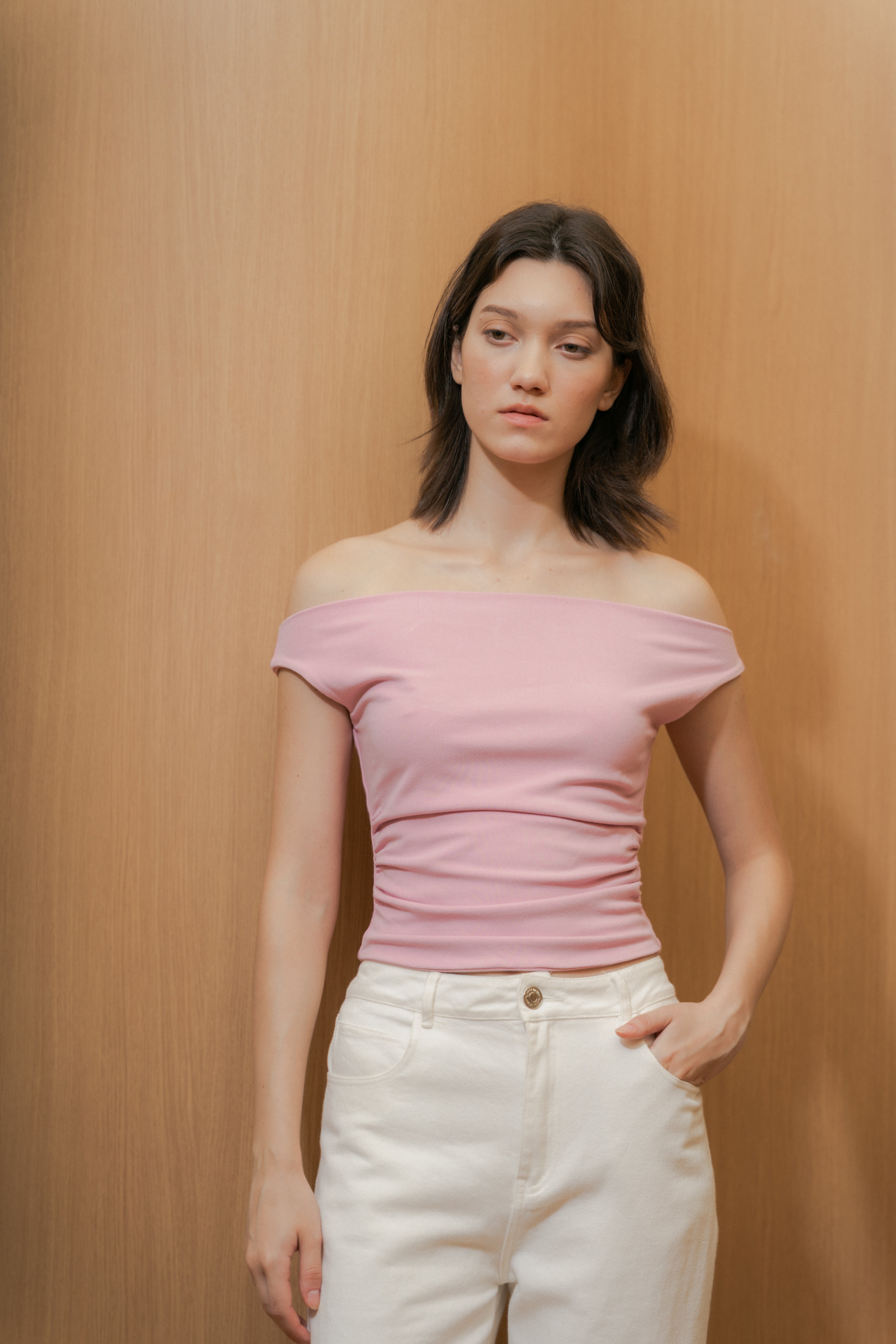 Off Shoulder Ruched Waist Top in Rosebloom