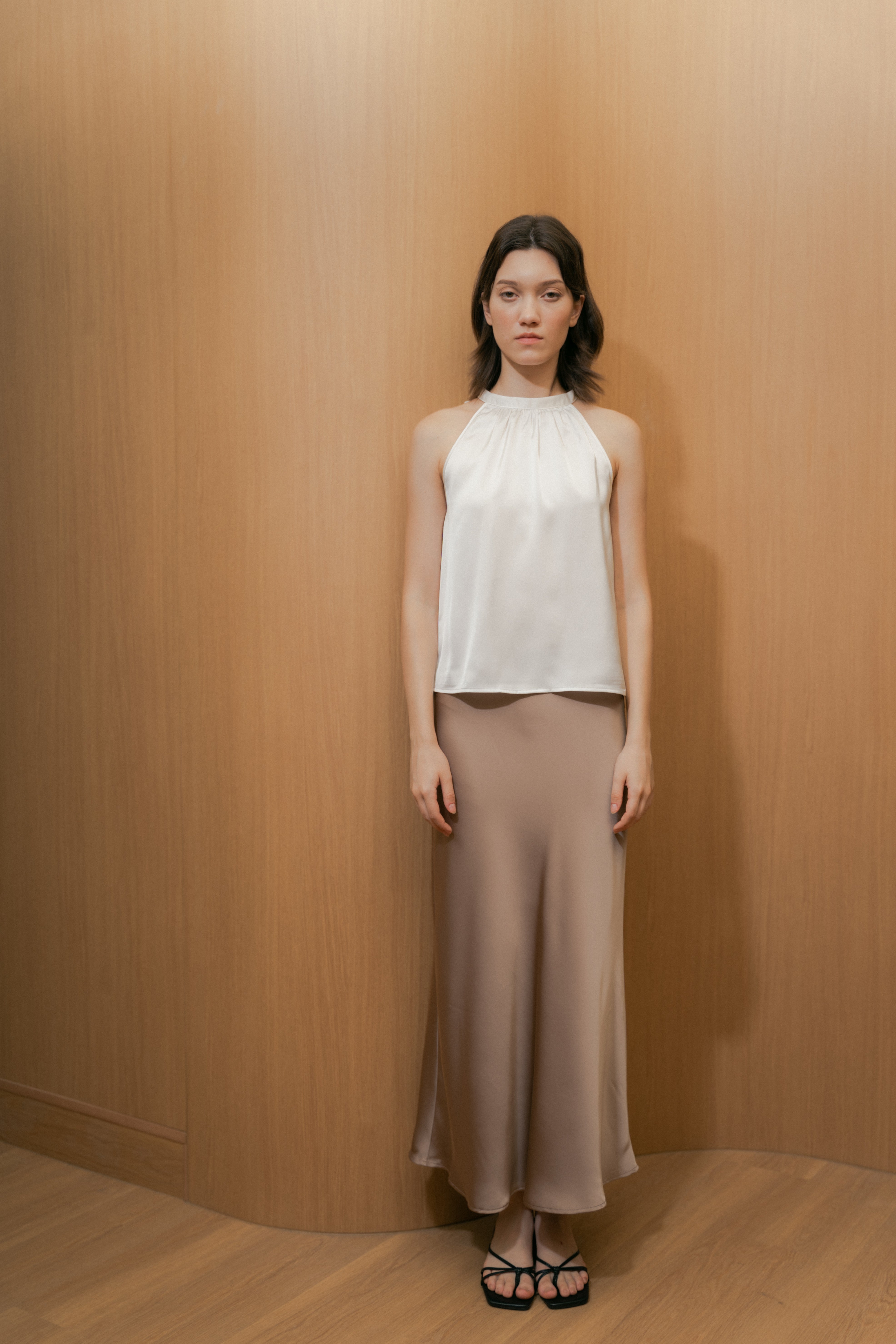 Satin Midi Slip Skirt in Brown