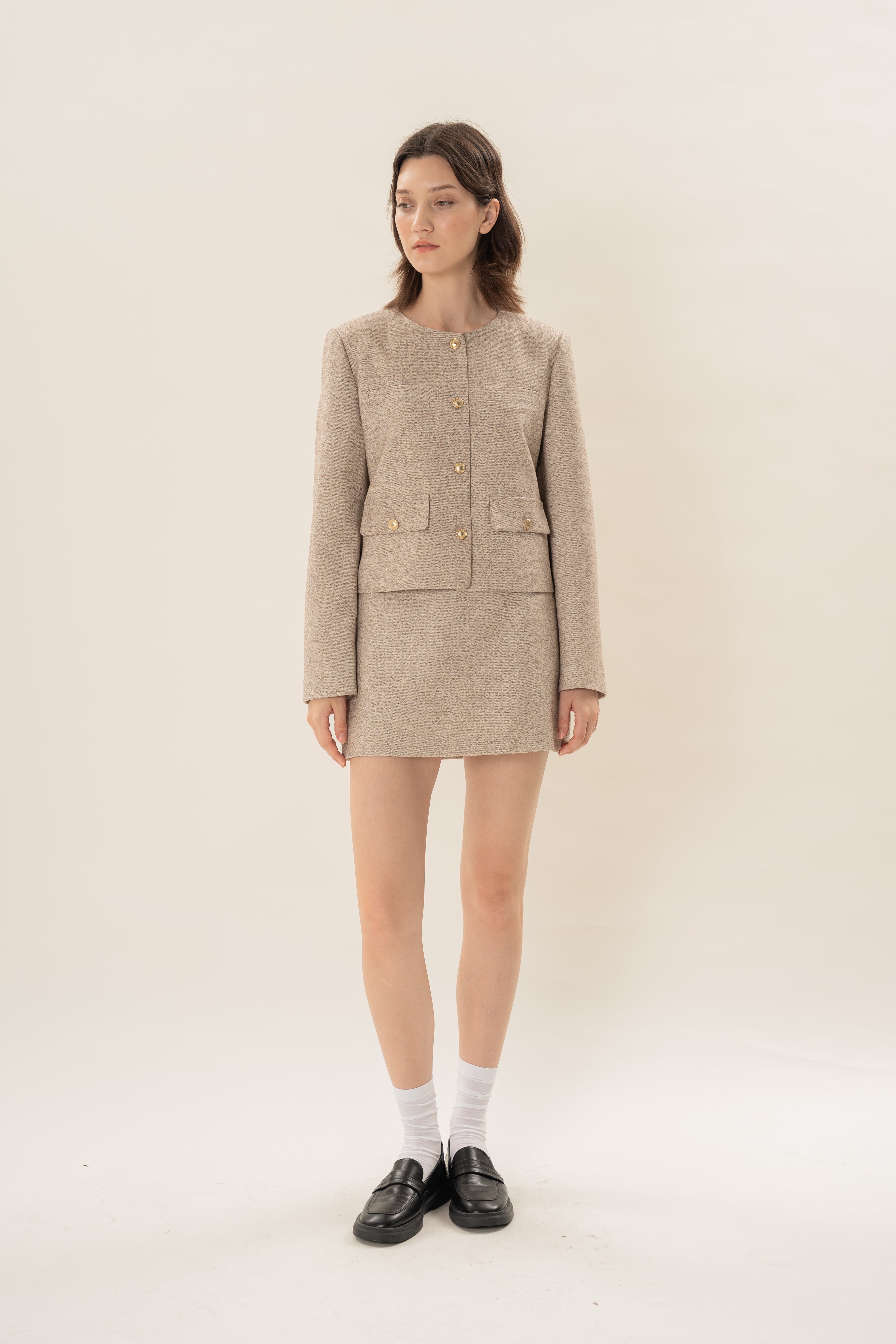 Textured Collarless Jacket in Beige