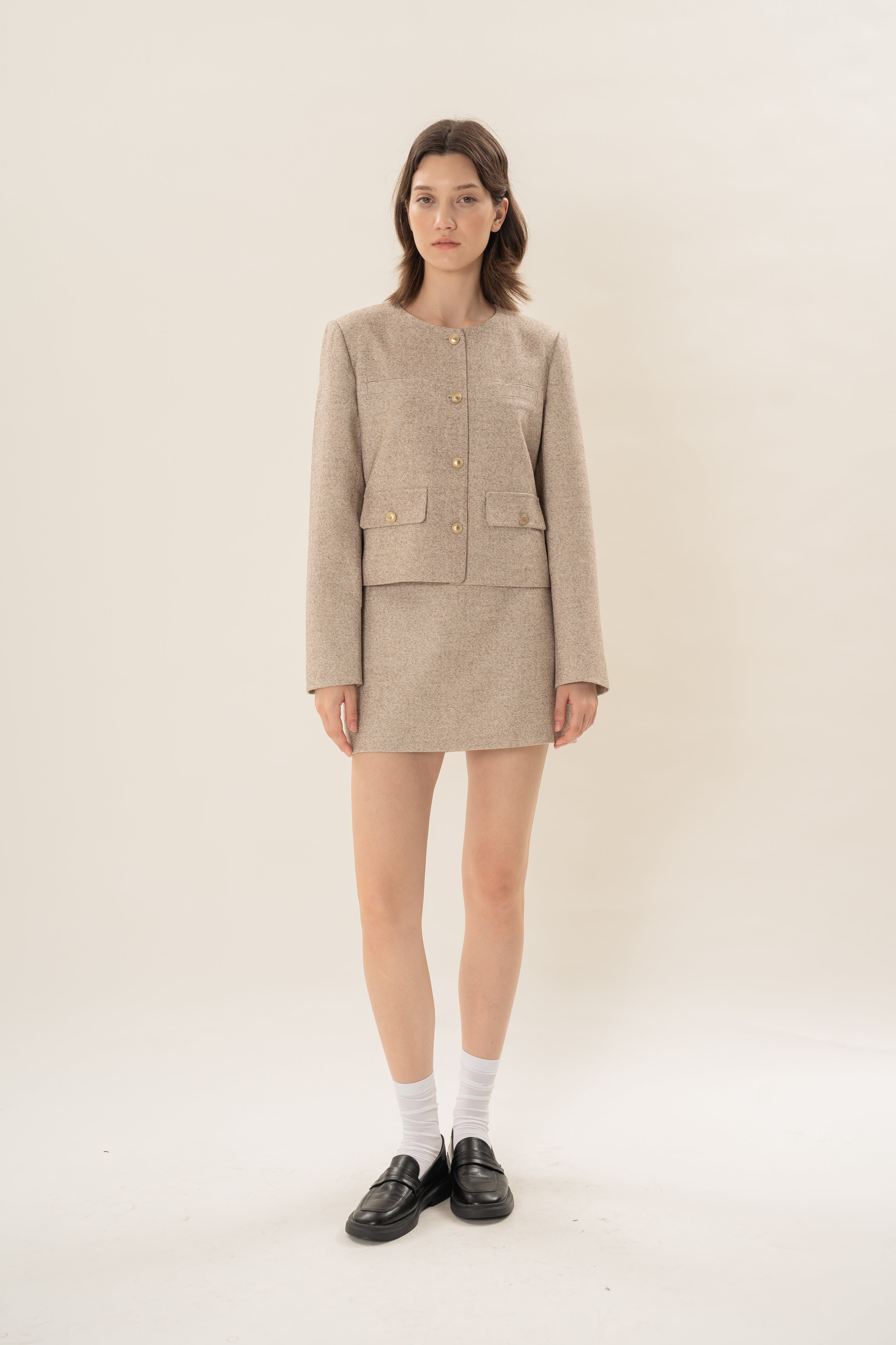 Textured Collarless Jacket in Beige