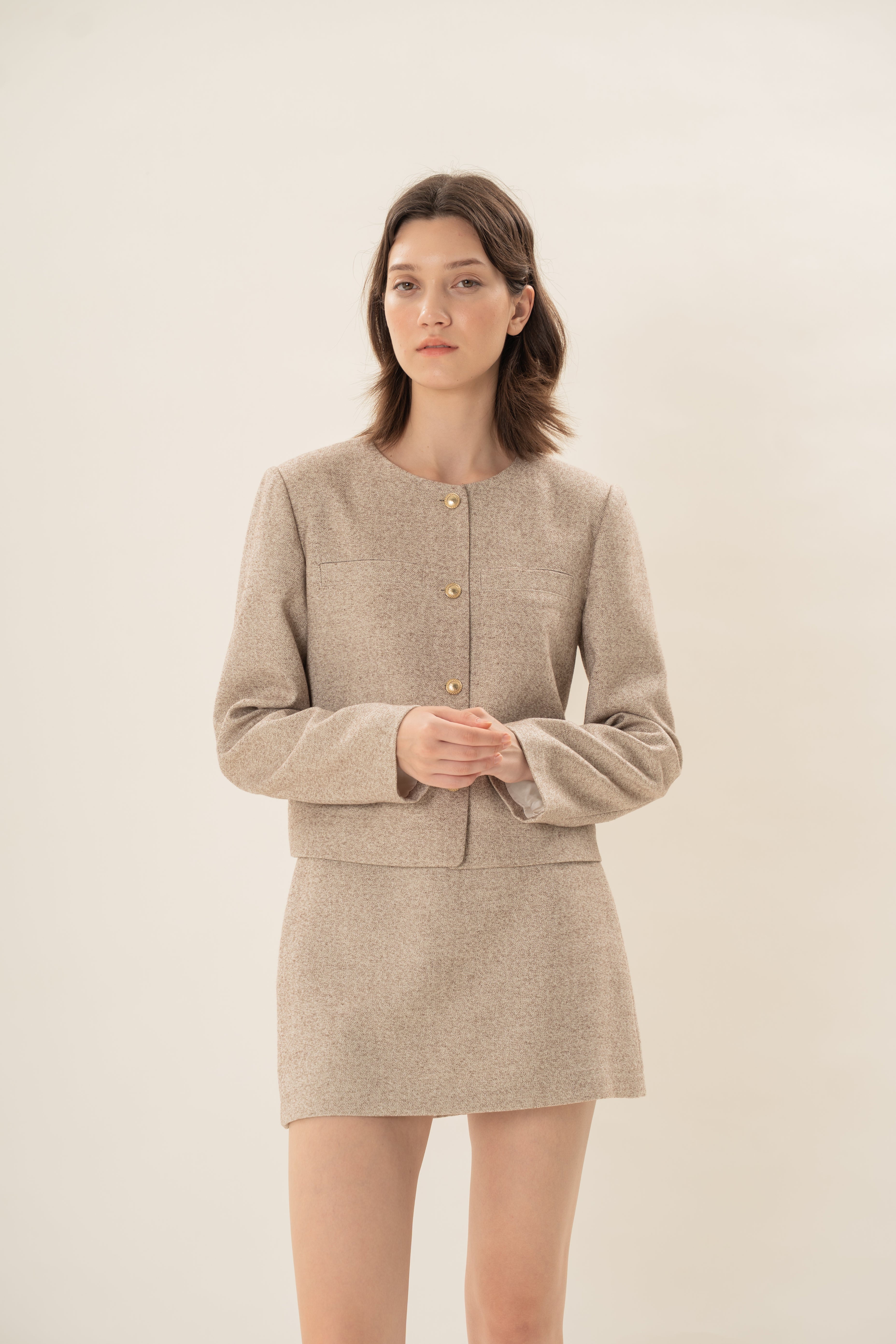 Textured Collarless Jacket in Beige
