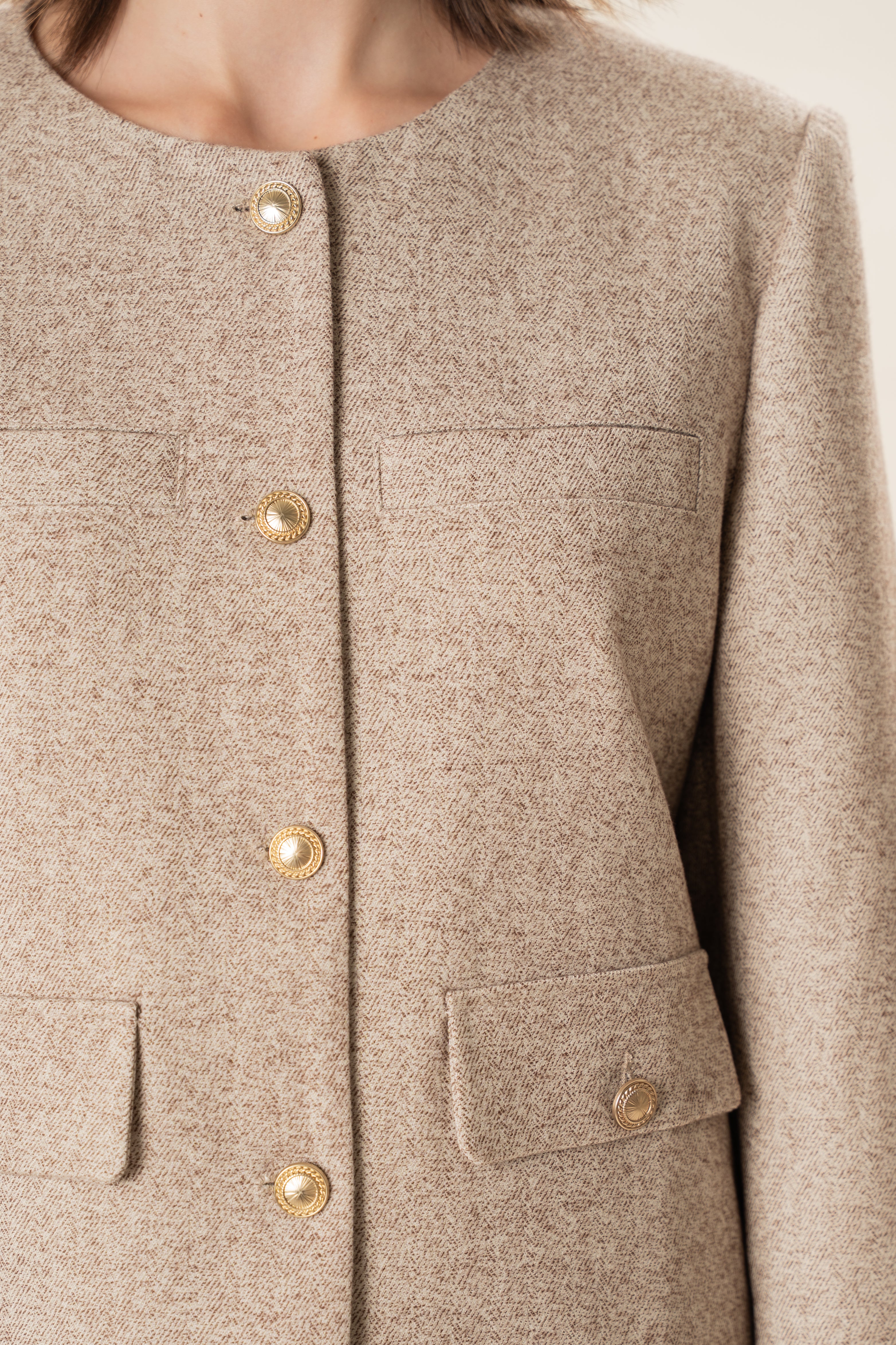 Textured Collarless Jacket in Beige