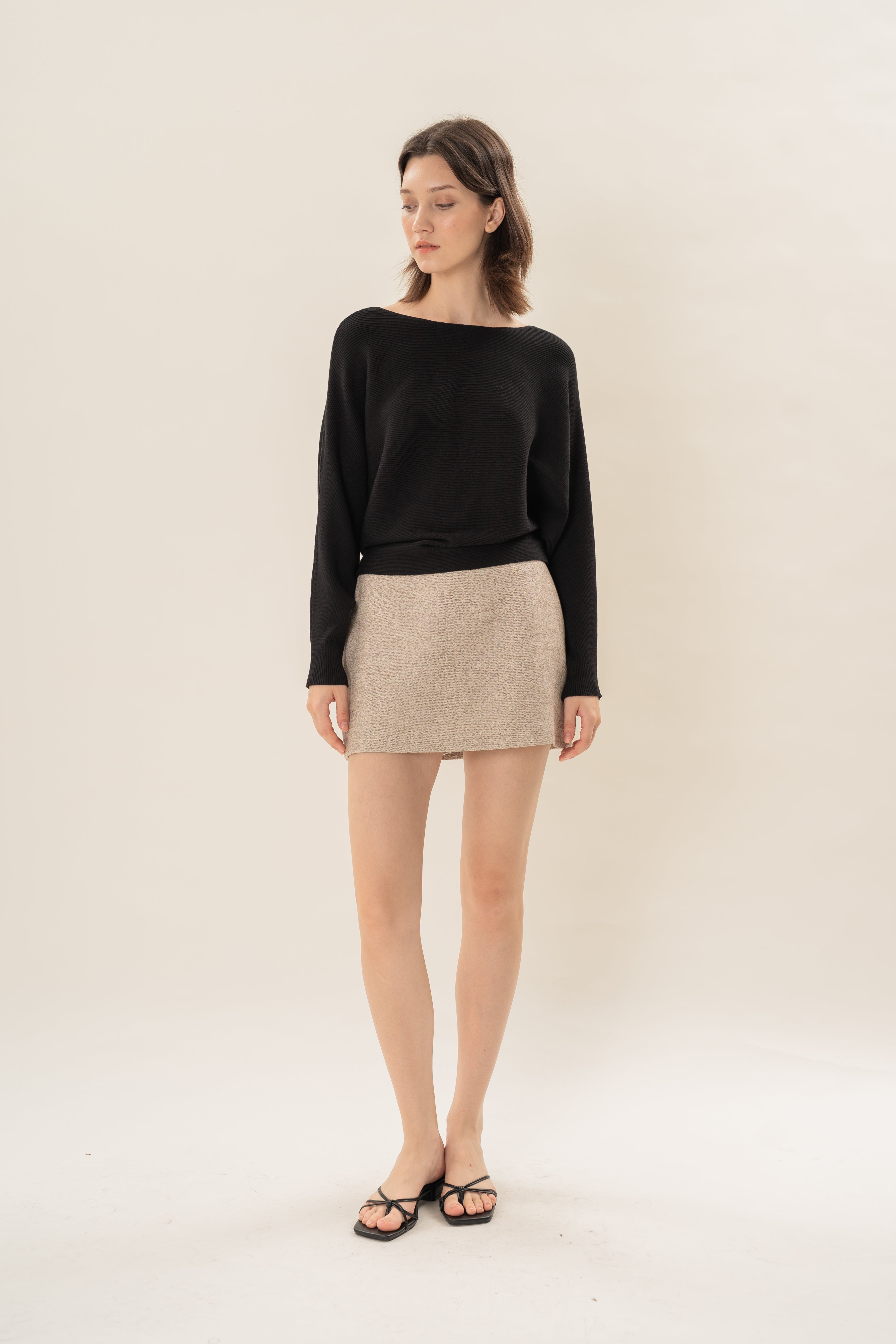 Boat Neck Knitted Long Sleeved Top in Black