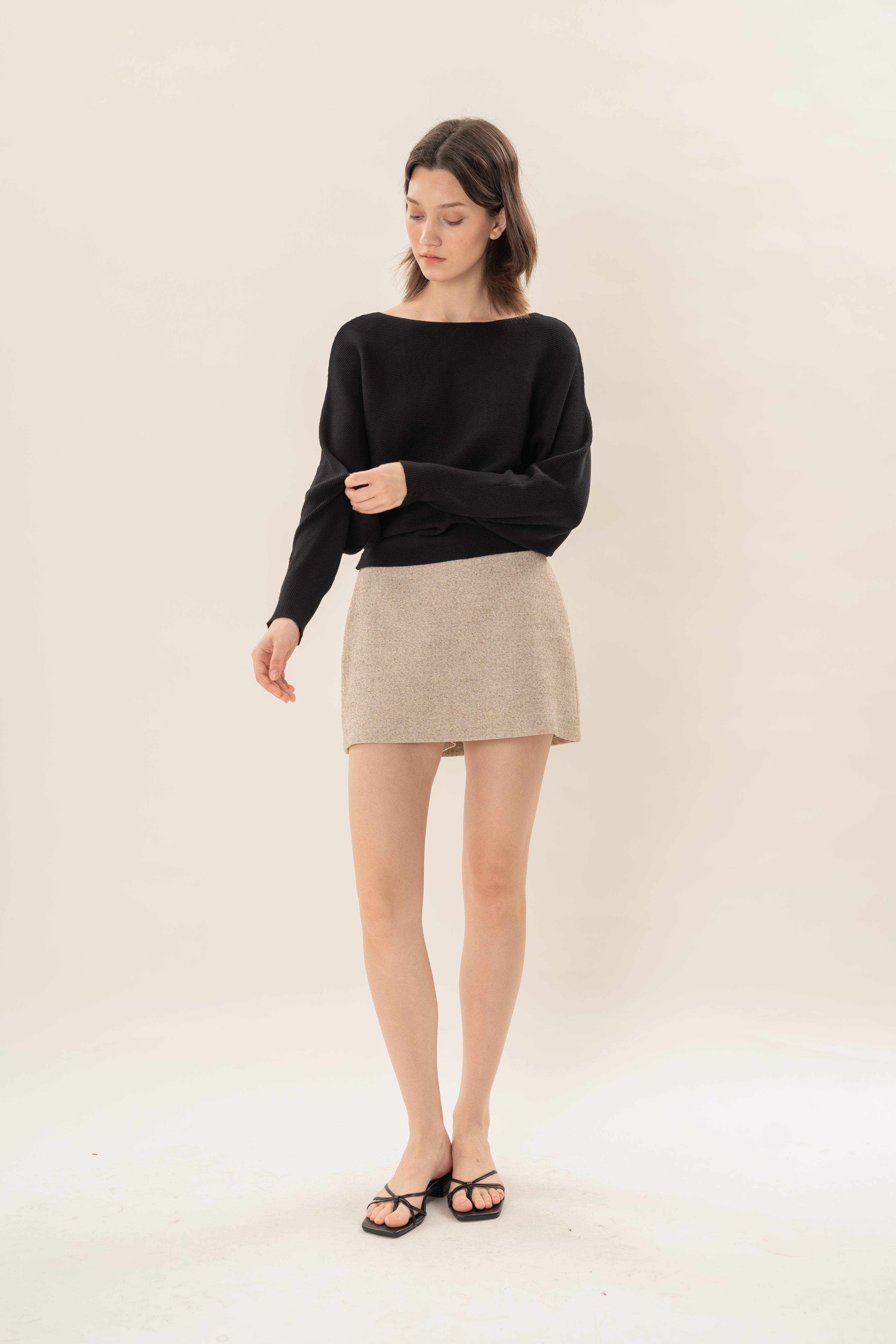 Boat Neck Knitted Long Sleeved Top in Black