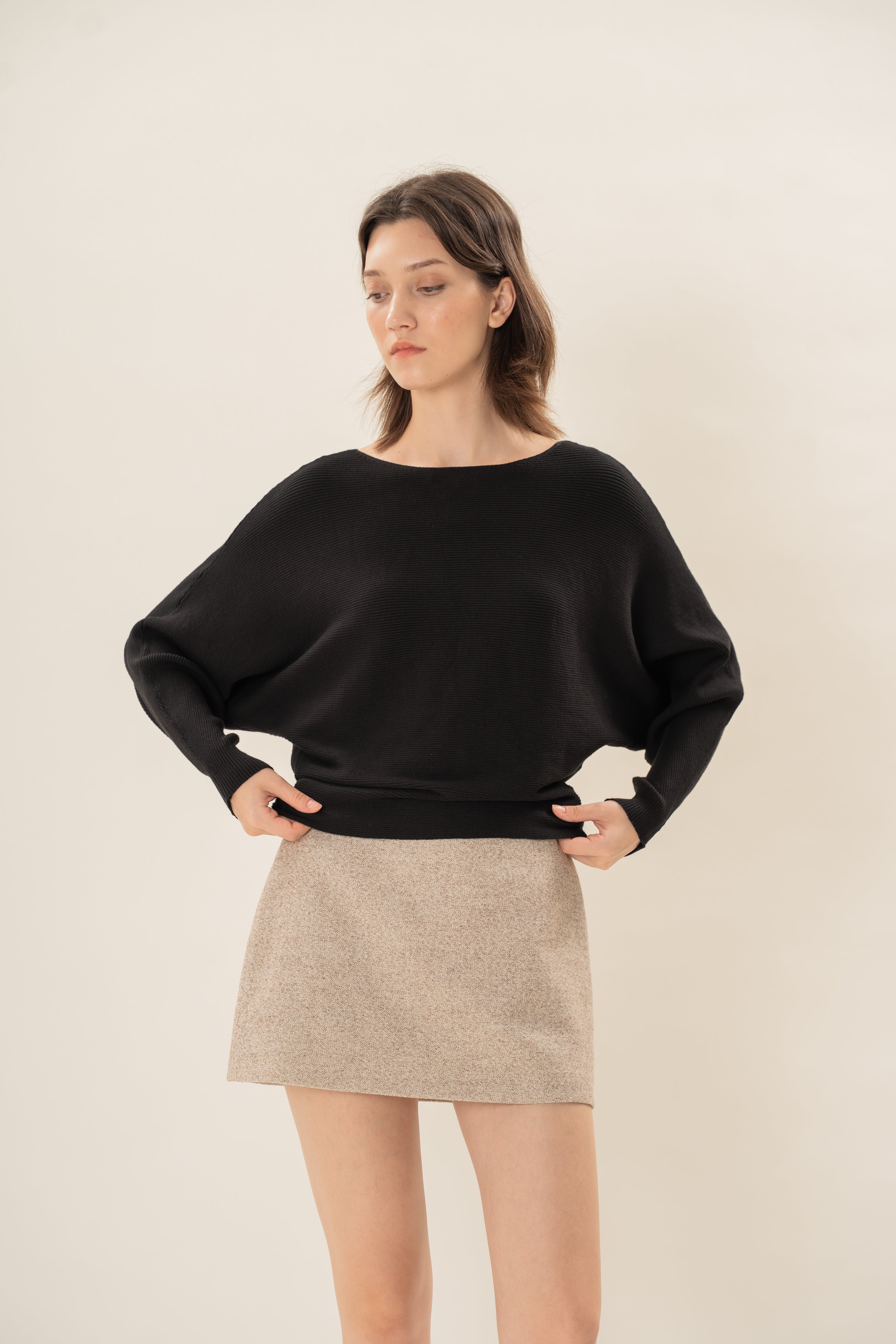 Boat Neck Knitted Long Sleeved Top in Black