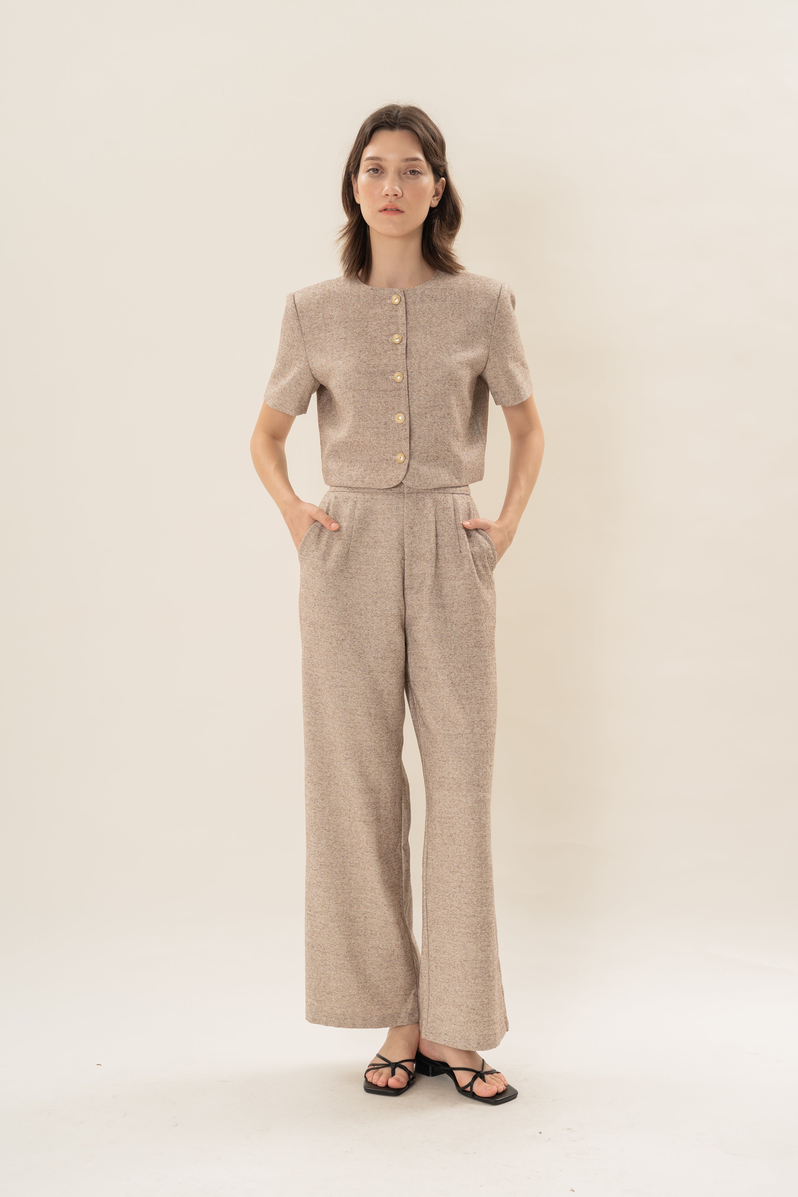Textured Collarless Short Sleeved Jacket in Beige