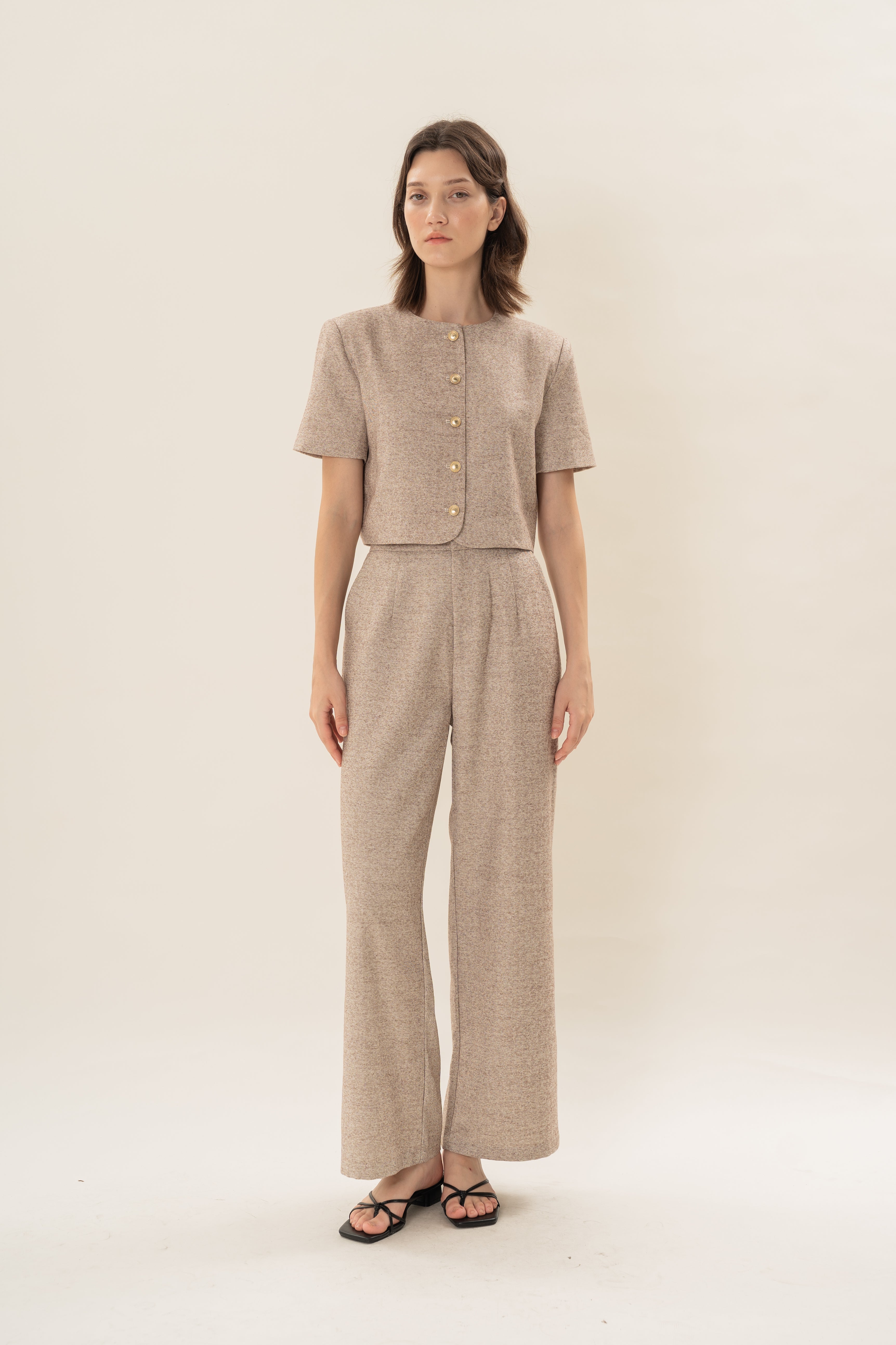 Textured Collarless Short Sleeved Jacket in Beige