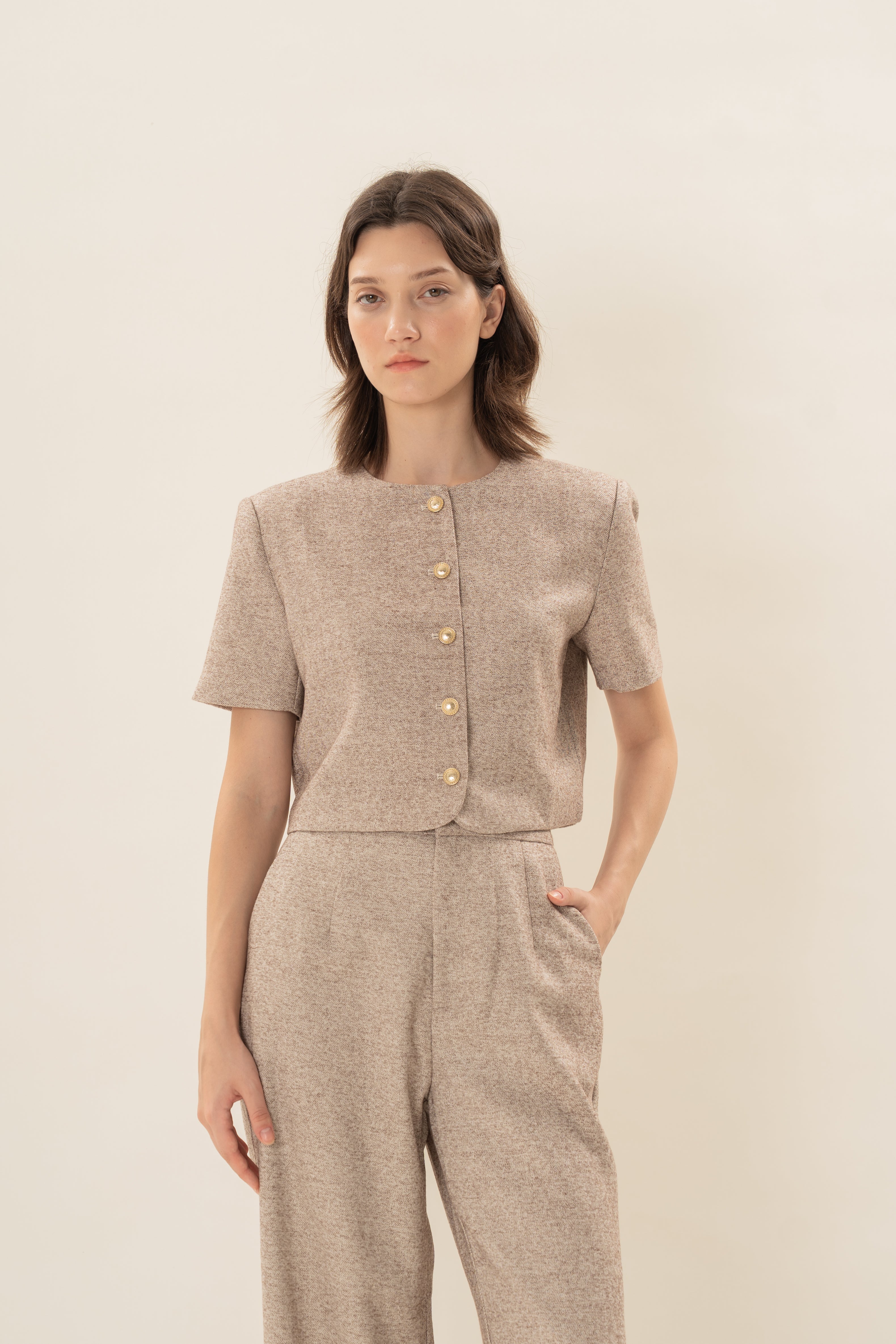 Textured Collarless Short Sleeved Jacket in Beige