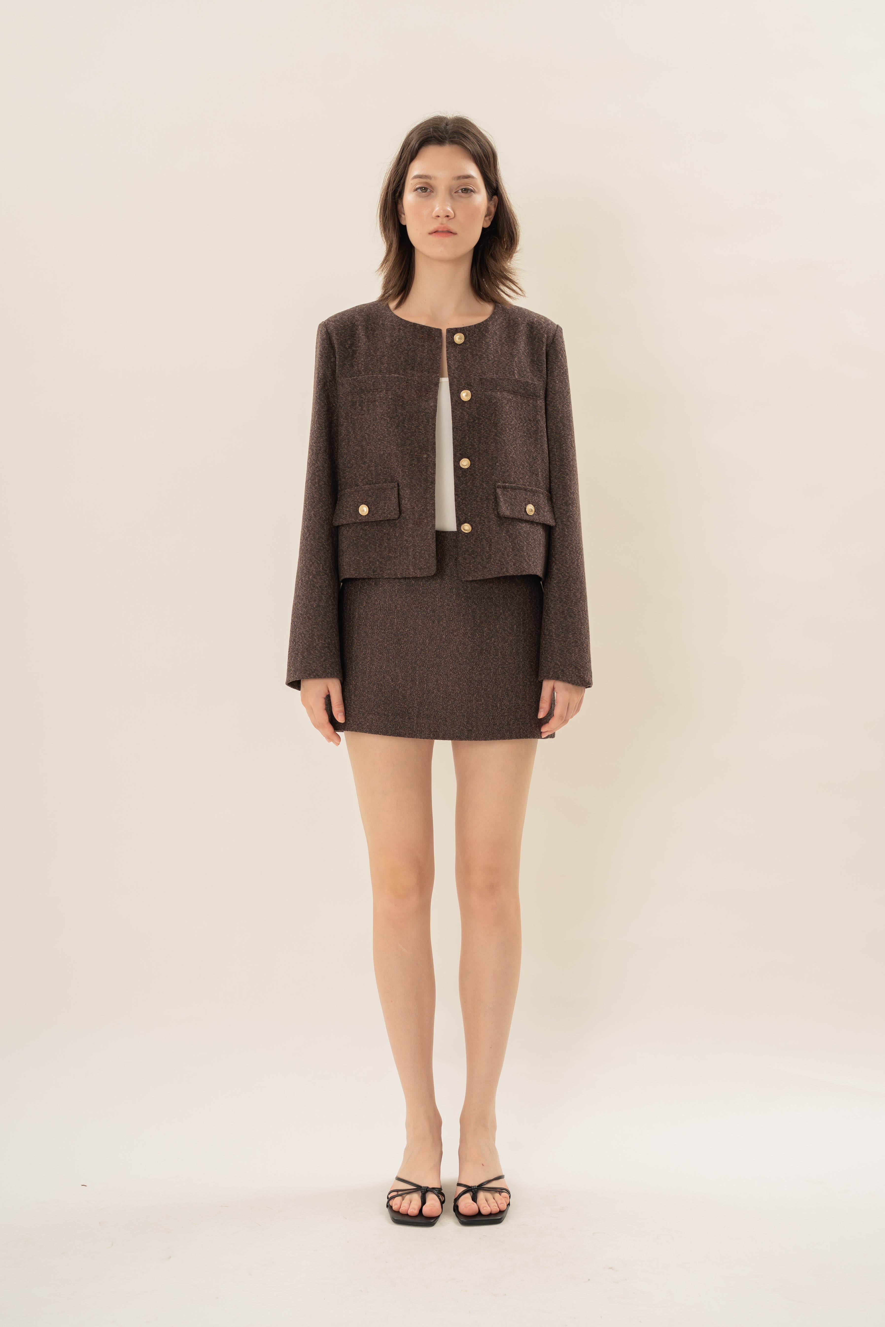 Textured Collarless Jacket in Umber