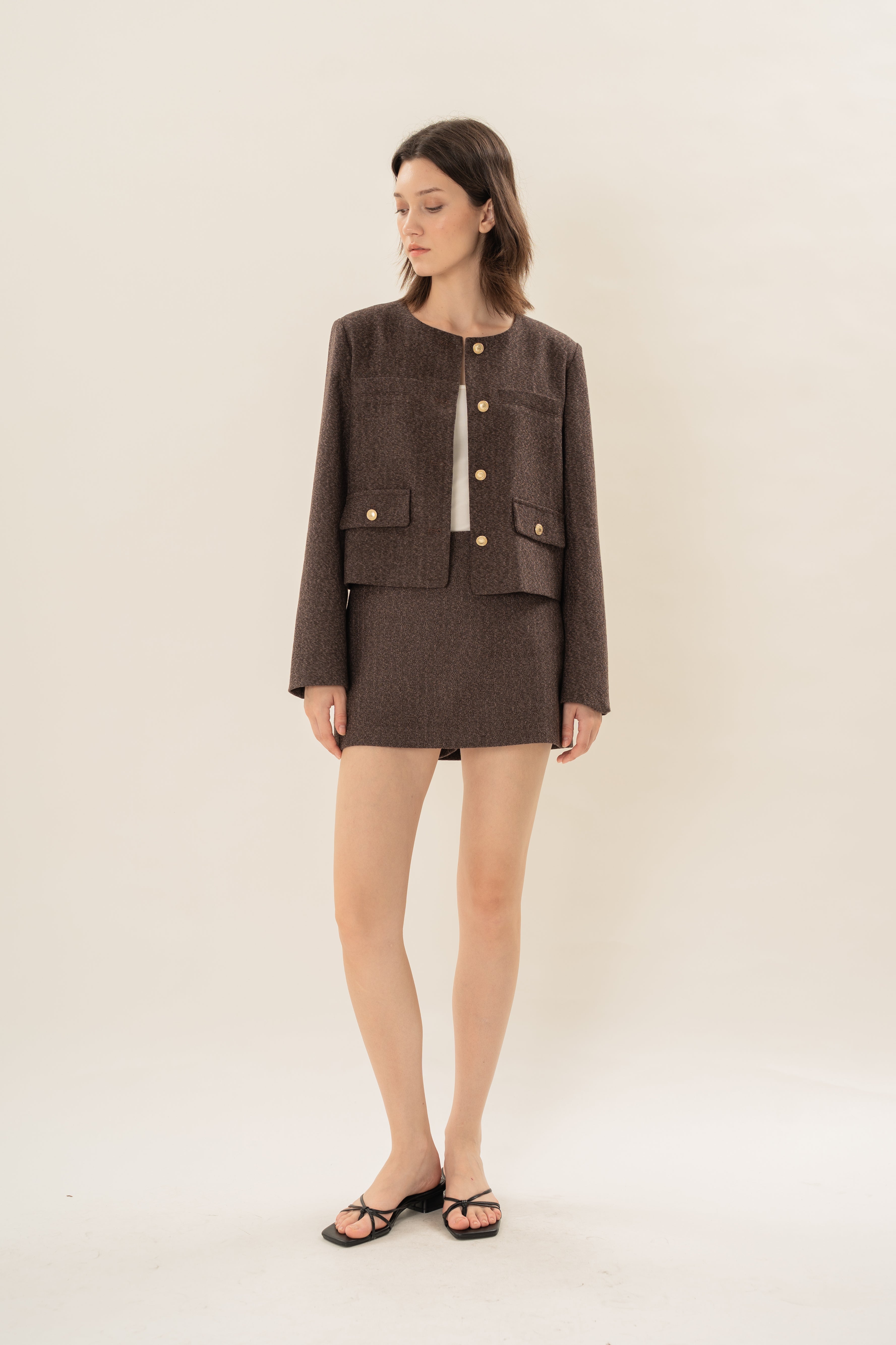 Textured Collarless Jacket in Umber