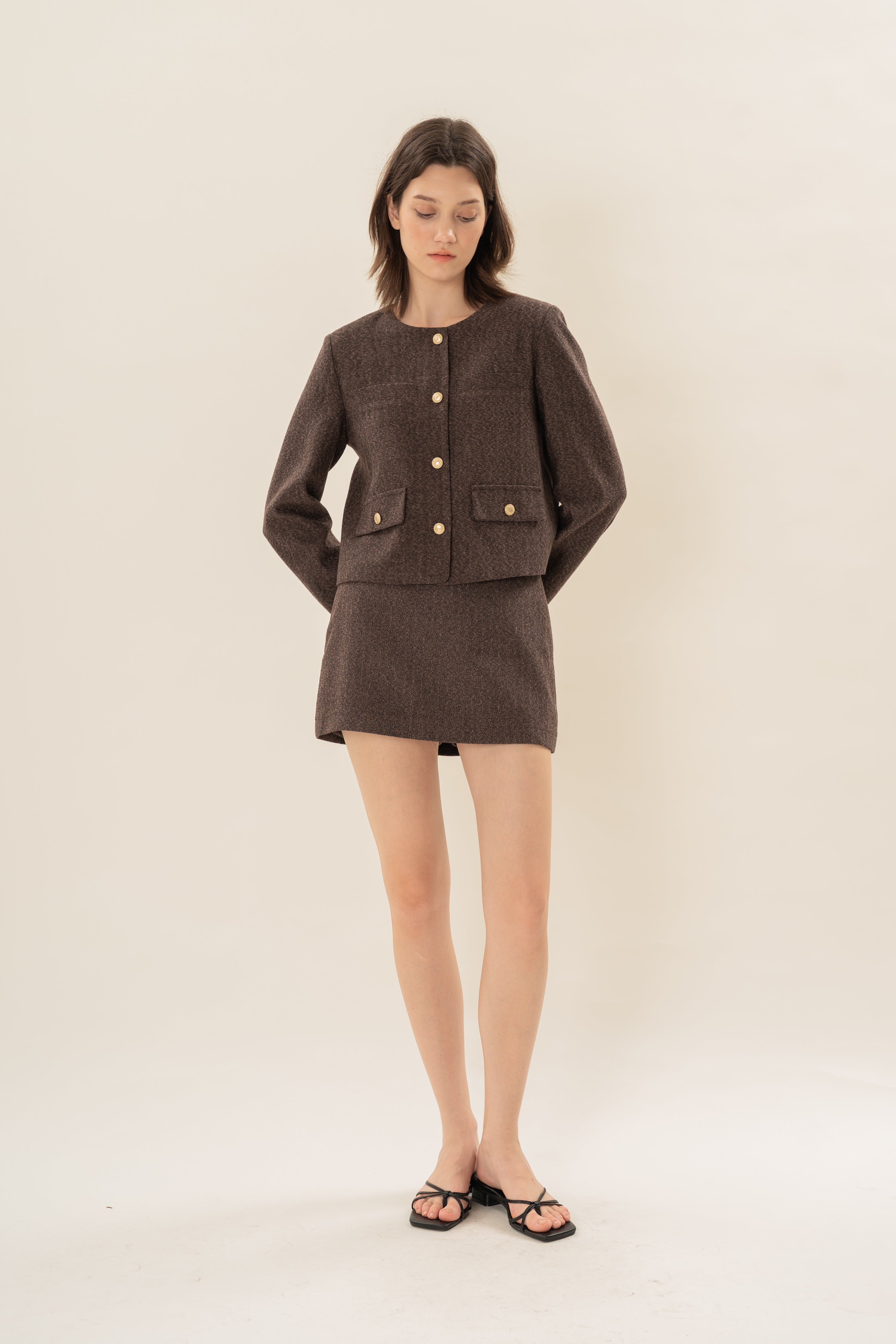 Textured Collarless Jacket in Umber