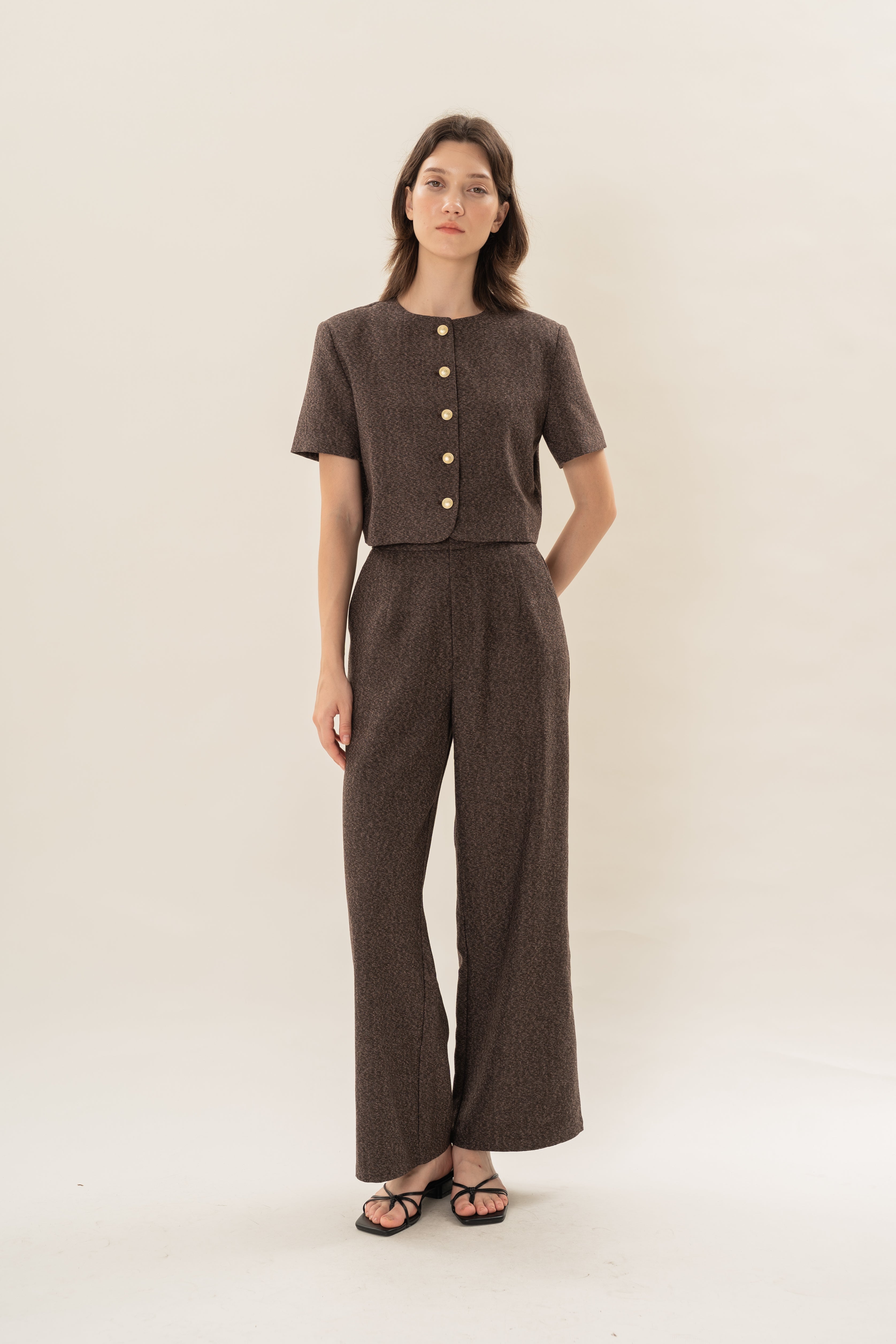 Textured Collarless Short Sleeved Jacket in Umber