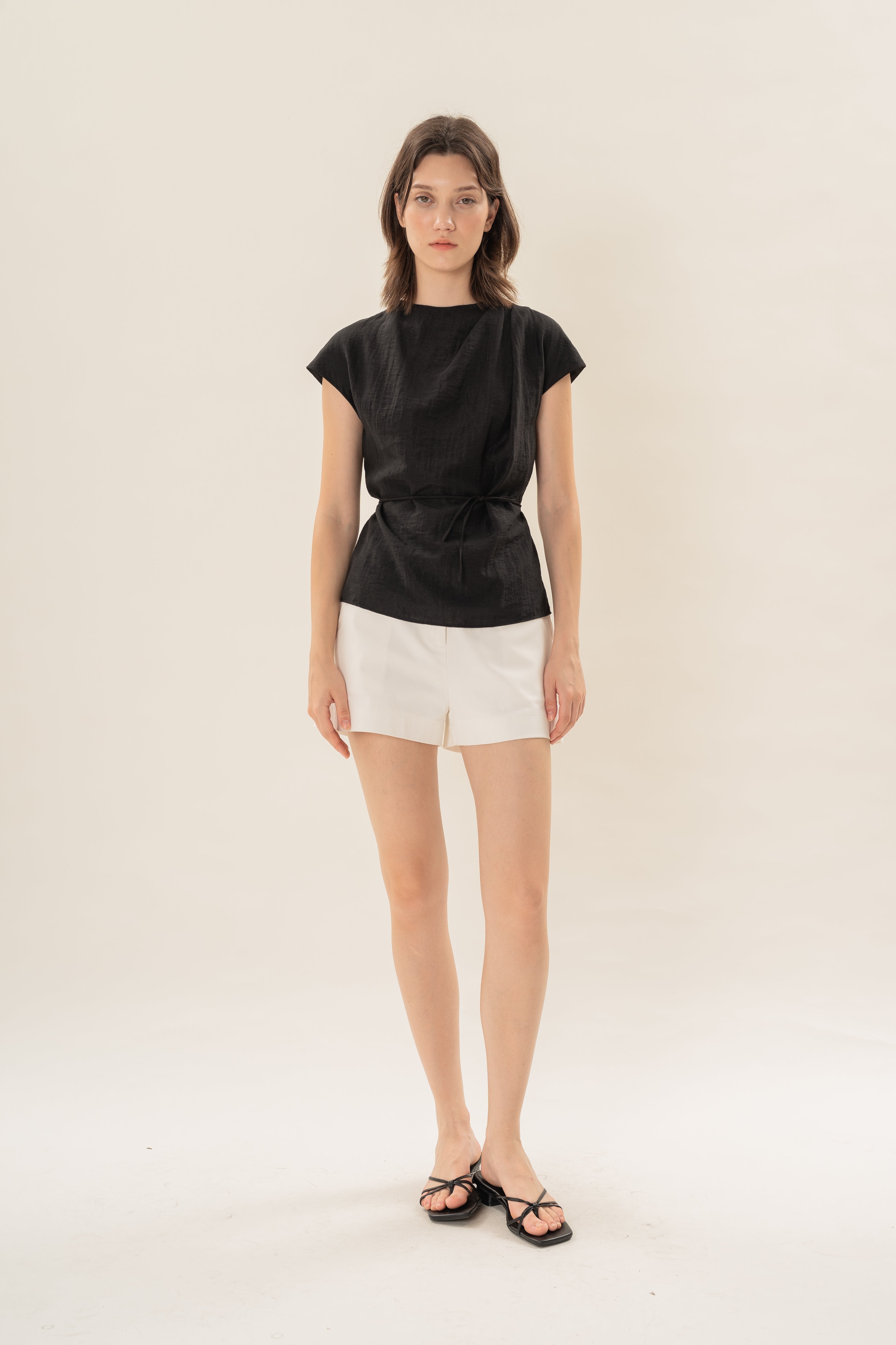 Pleated Shoulder Tie Top in Black