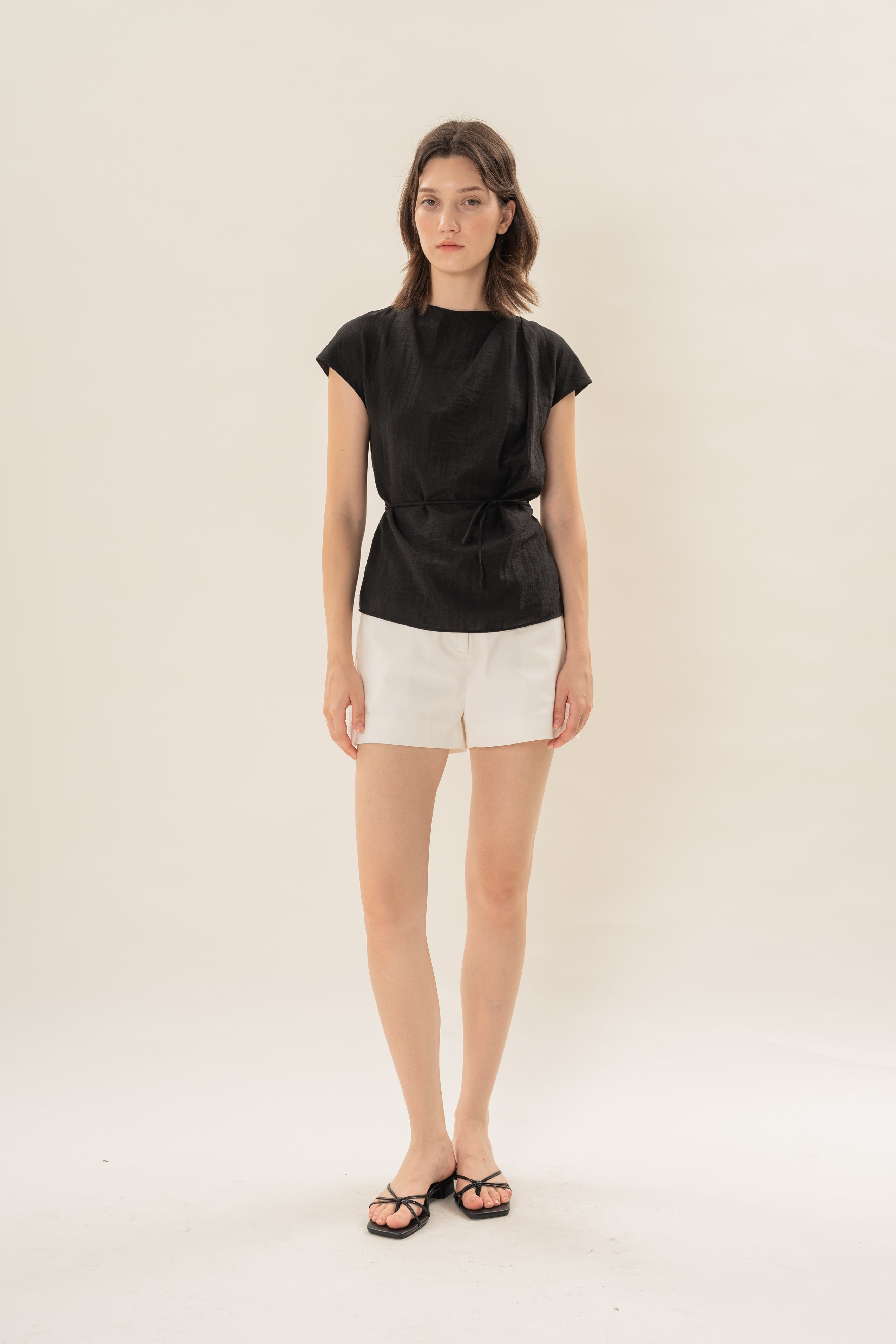 Pleated Shoulder Tie Top in Black