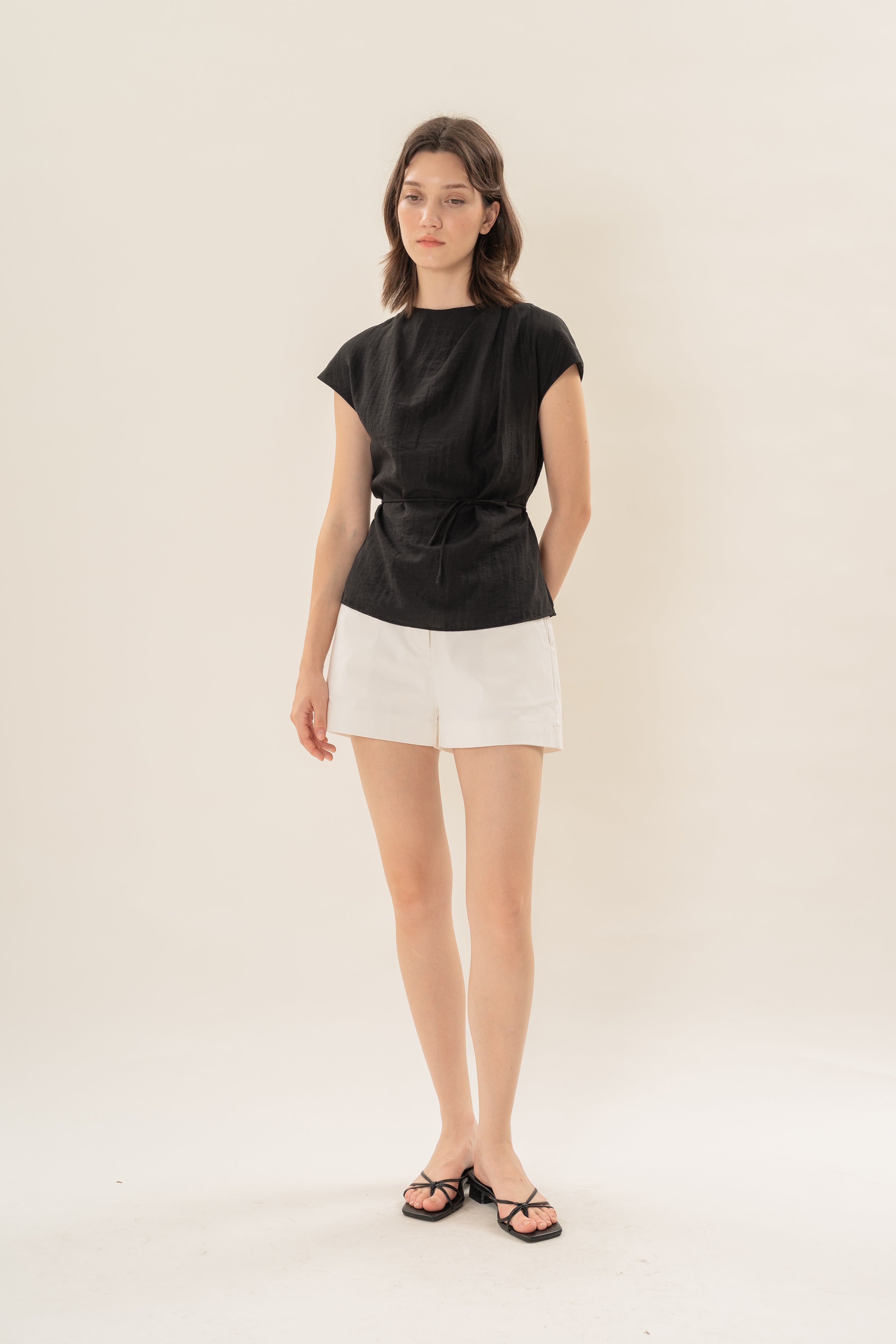 Pleated Shoulder Tie Top in Black
