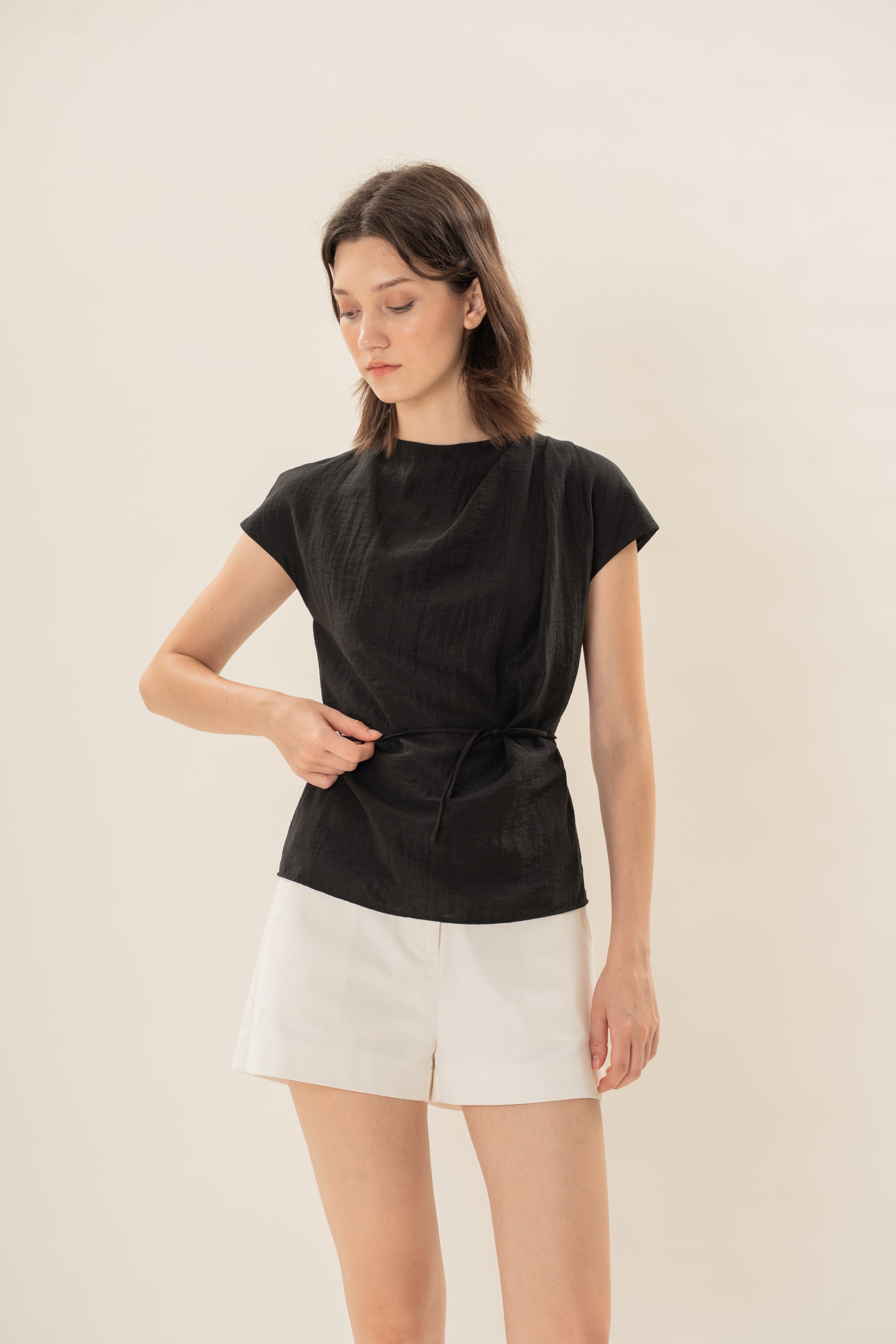 Pleated Shoulder Tie Top in Black