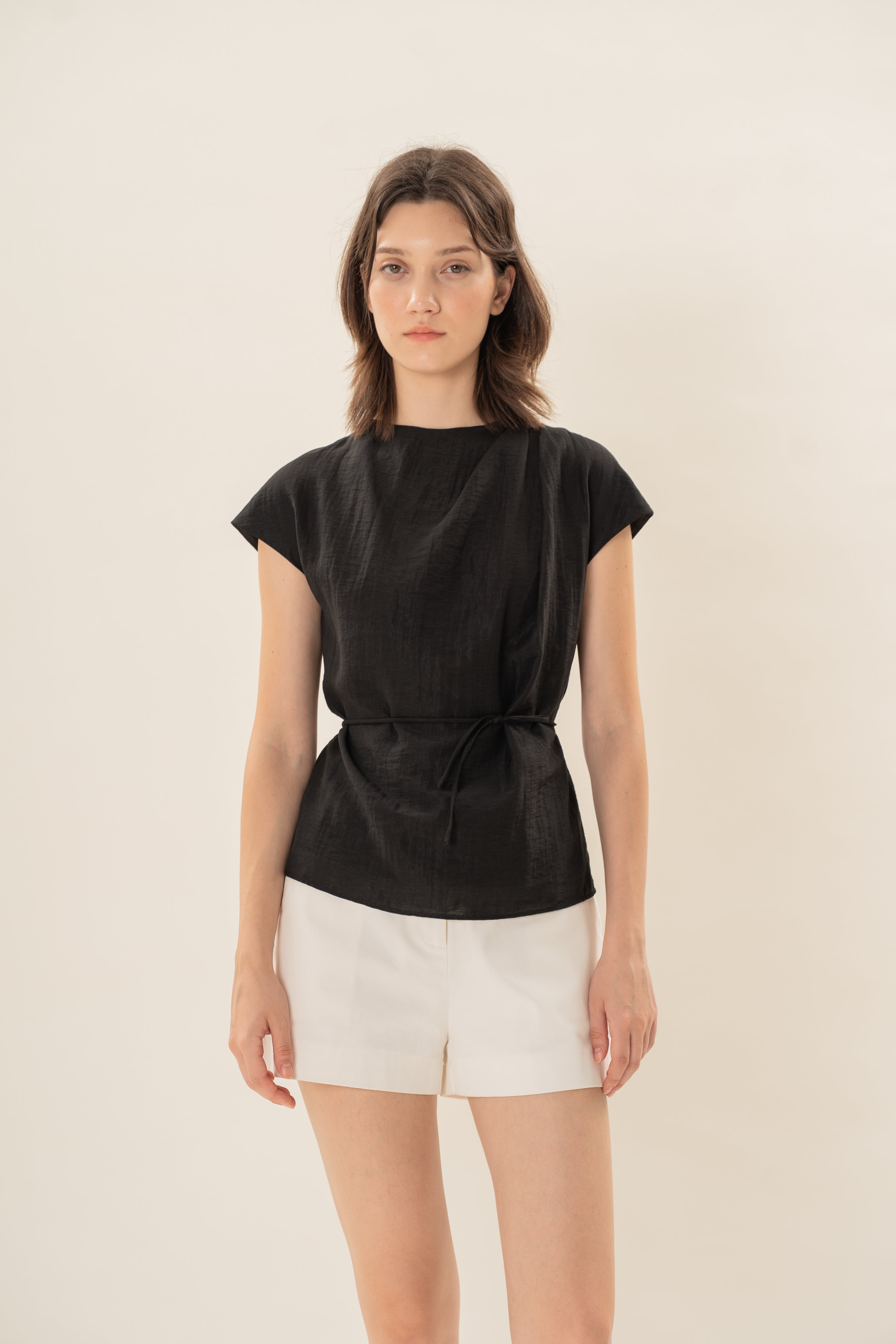 Pleated Shoulder Tie Top in Black
