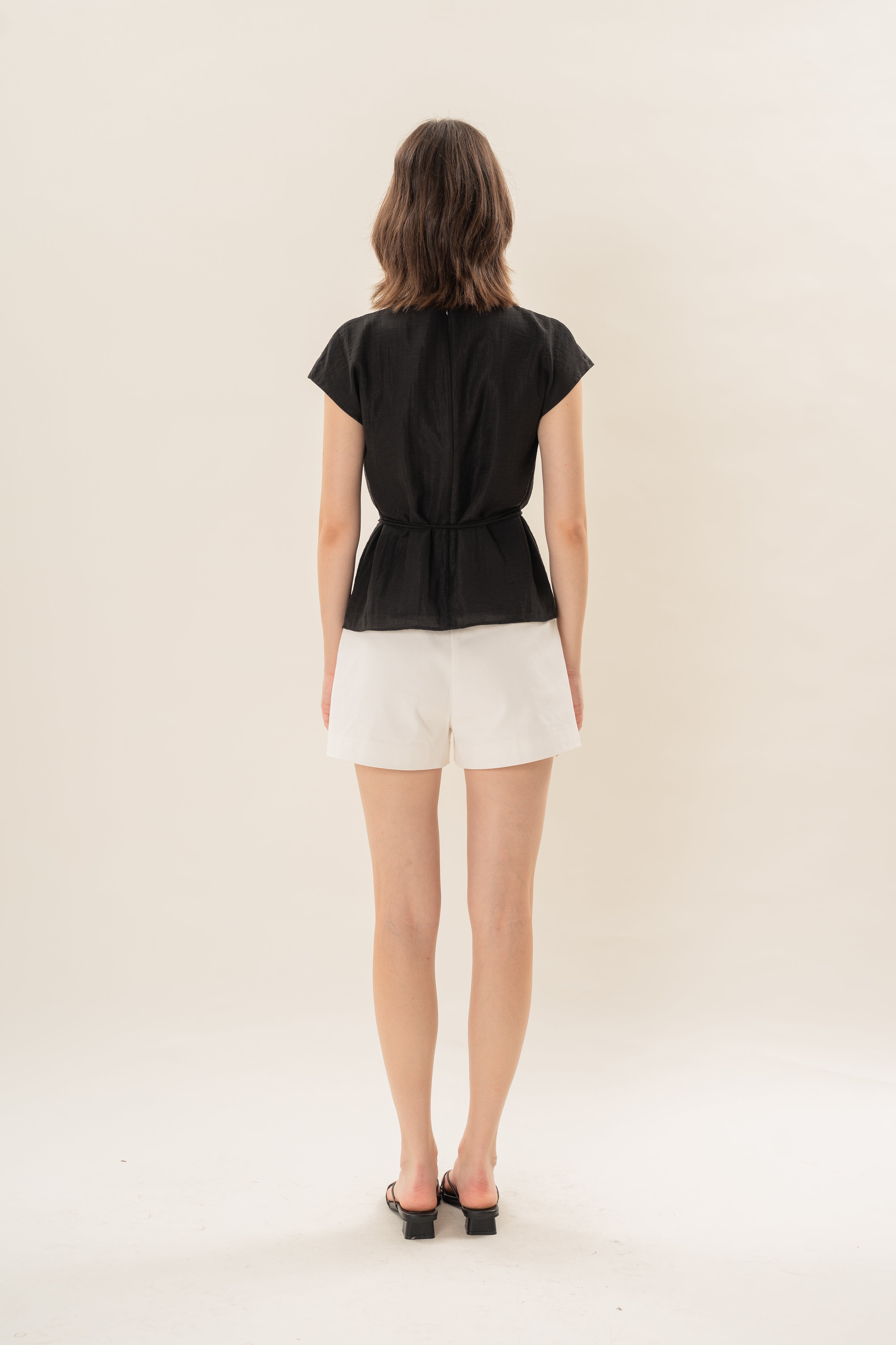 Pleated Shoulder Tie Top in Black
