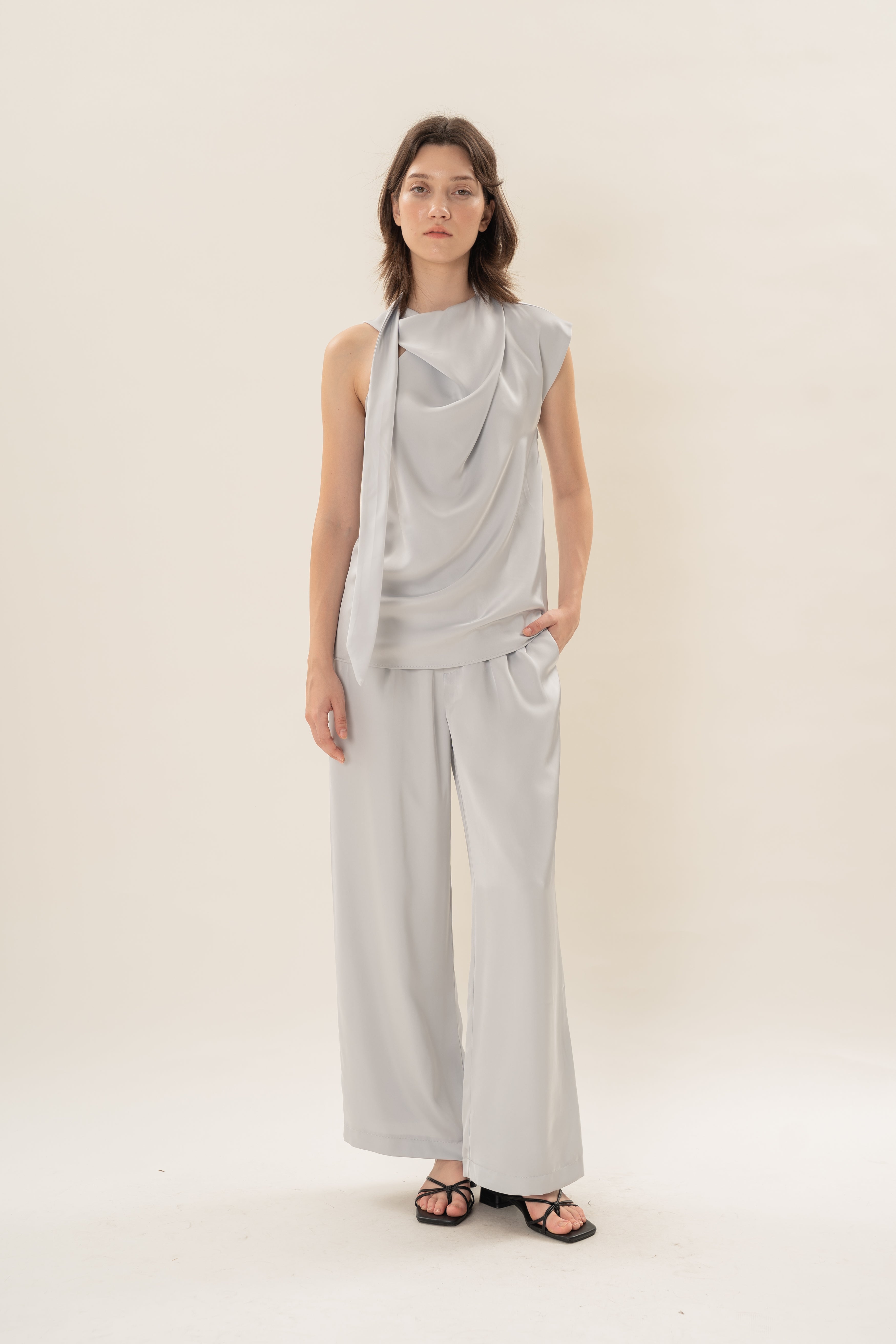 Satin Sash Neck Top in Muted Blue