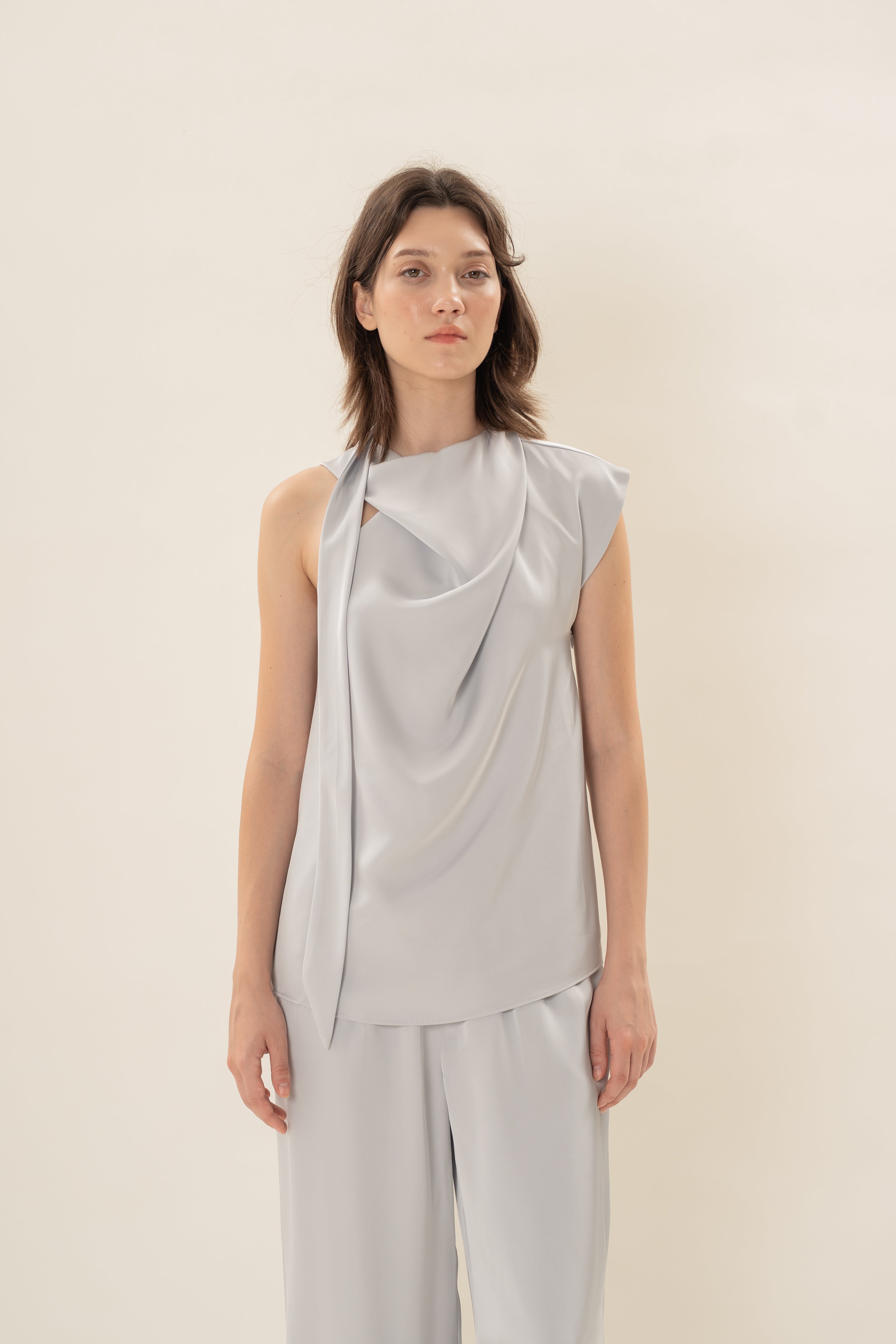 Satin Sash Neck Top in Muted Blue