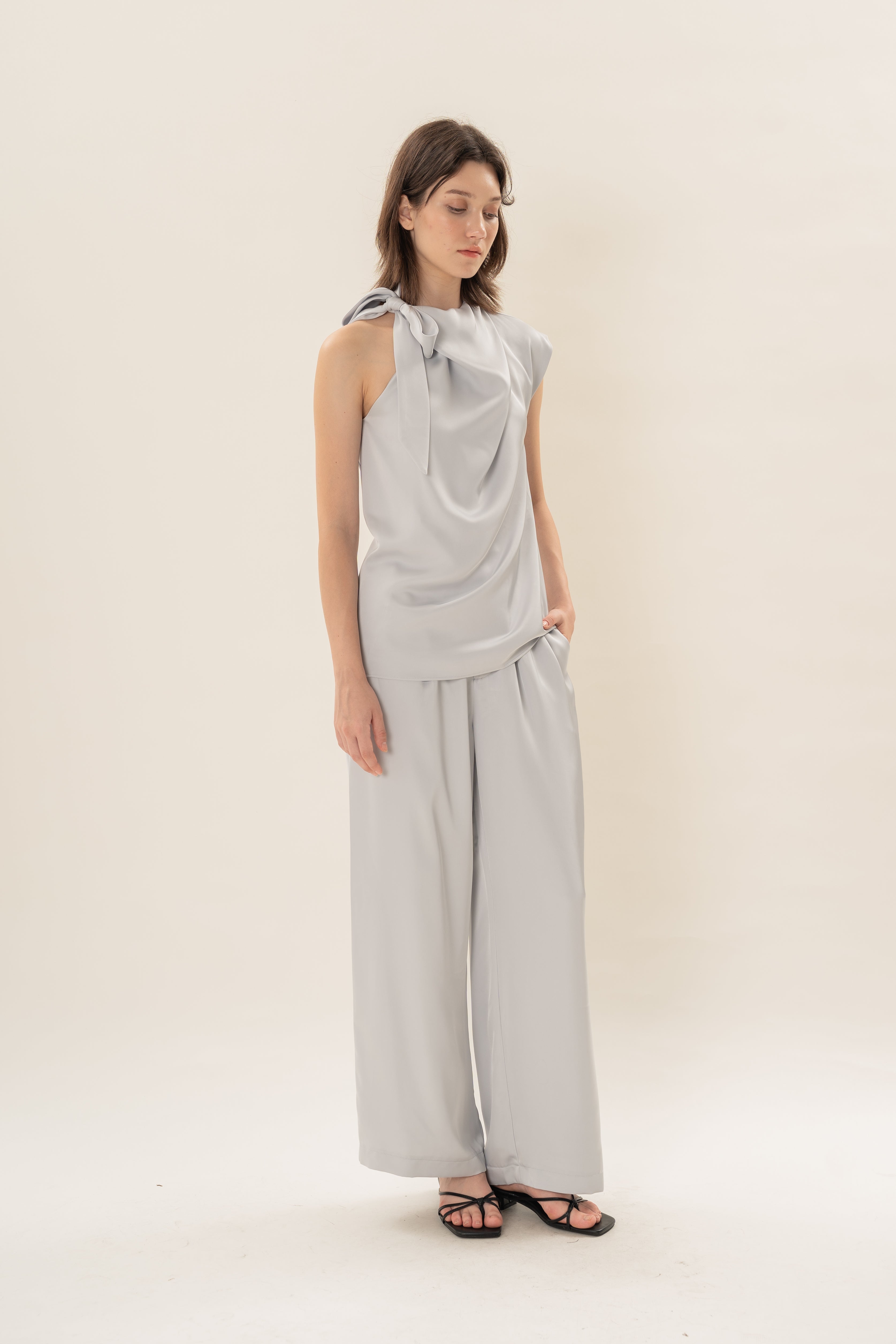 Satin Sash Neck Top in Muted Blue