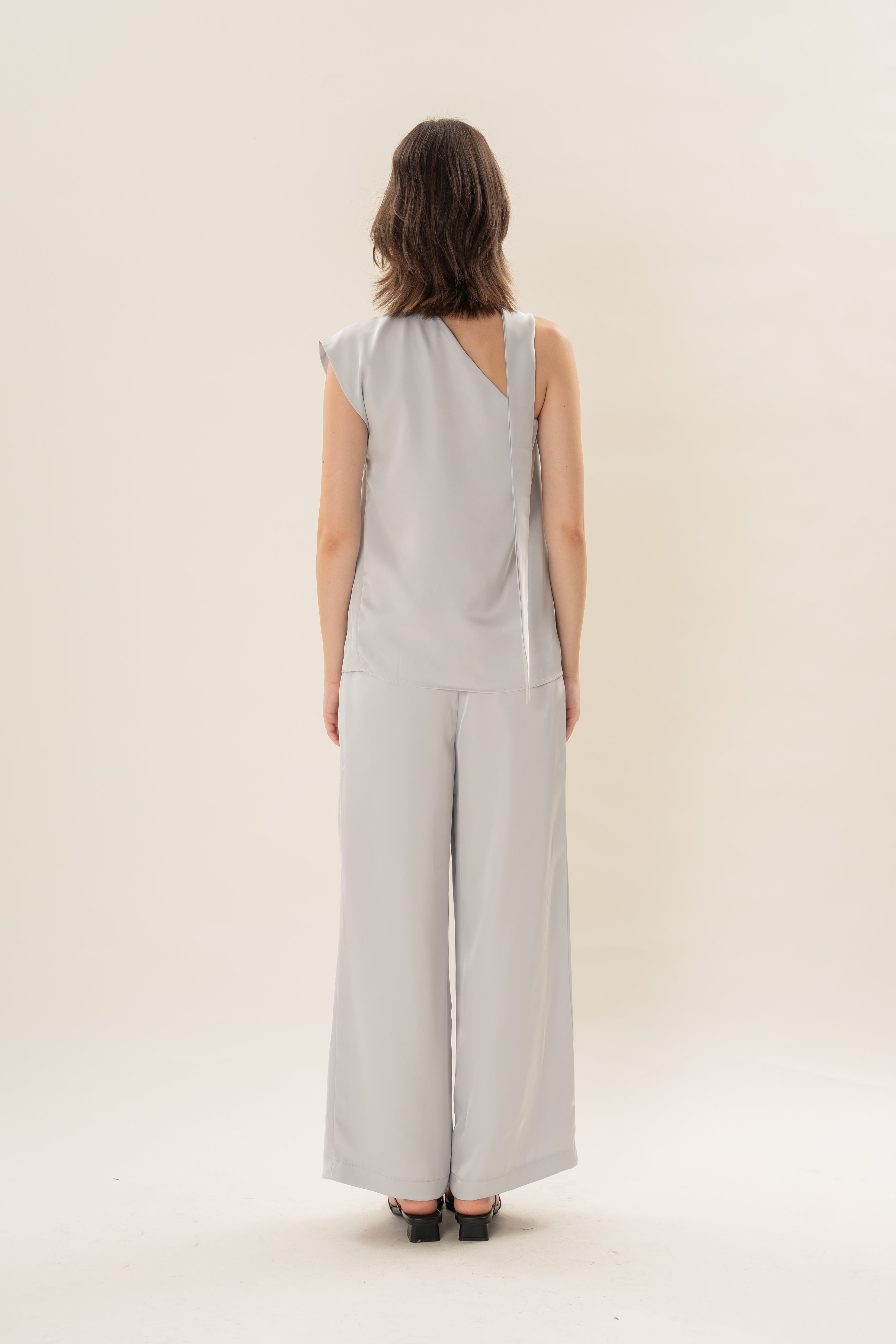 Satin Sash Neck Top in Muted Blue