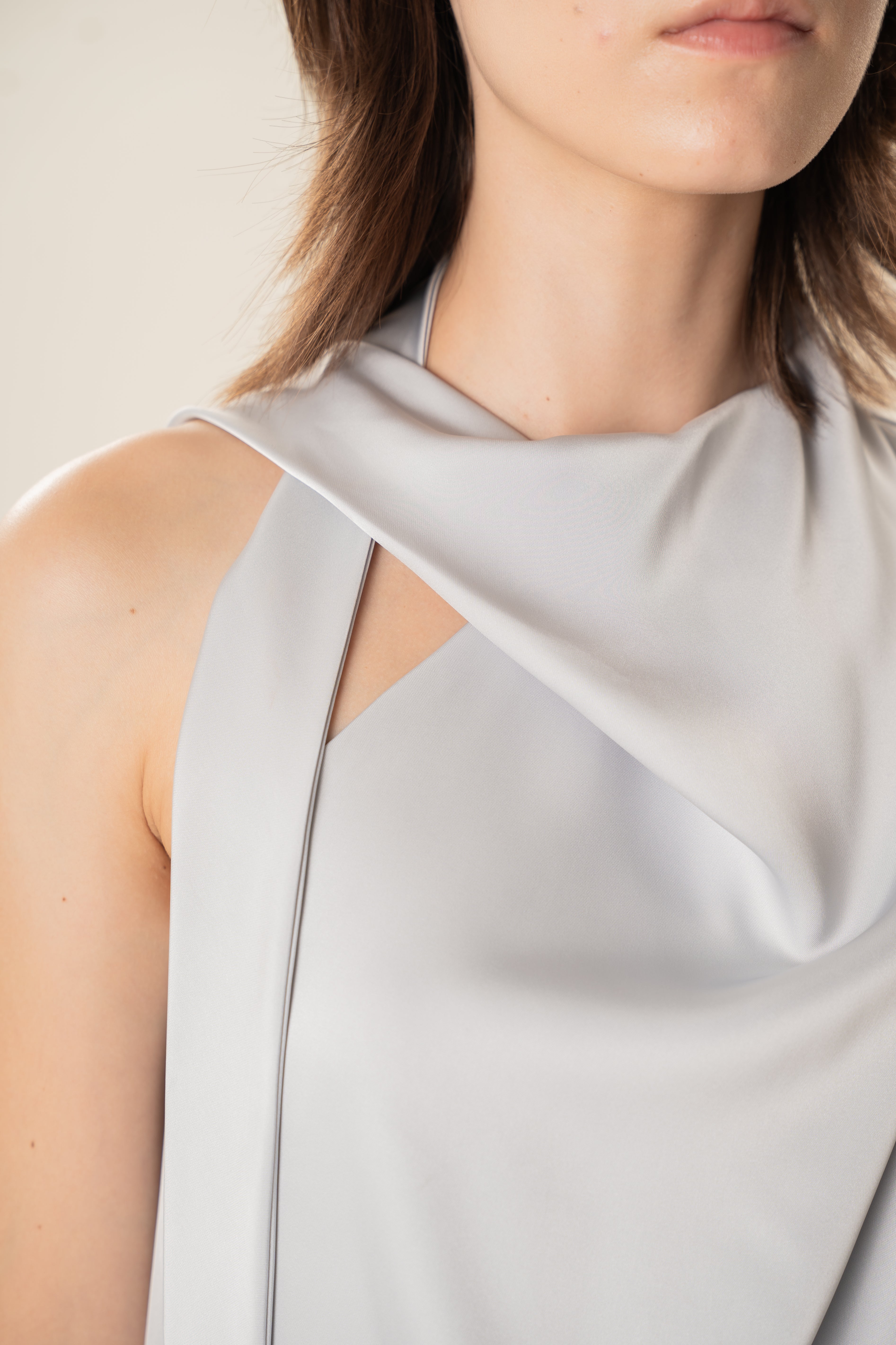Satin Sash Neck Top in Muted Blue
