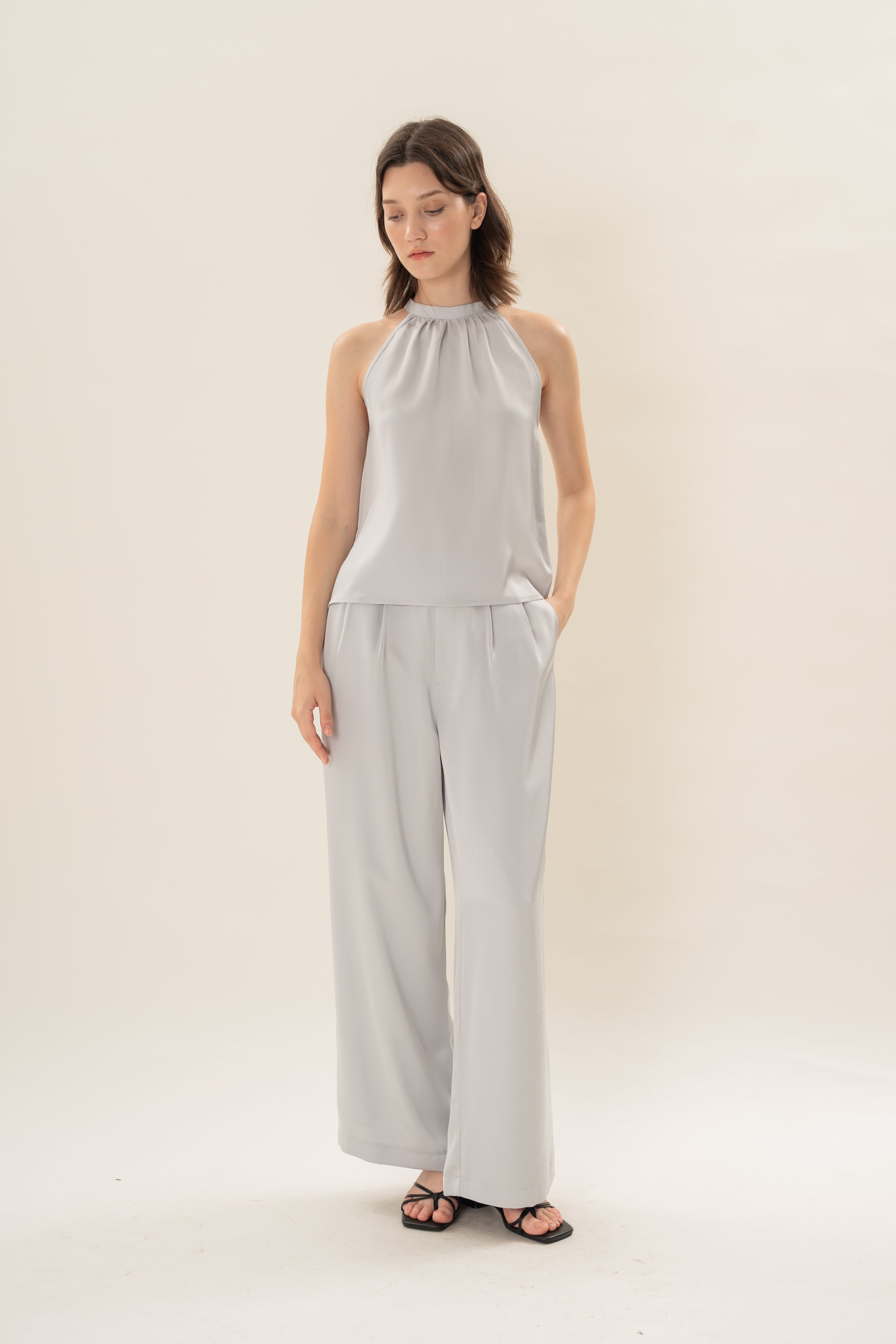 Satin Tie Back Halter Top in Muted Blue