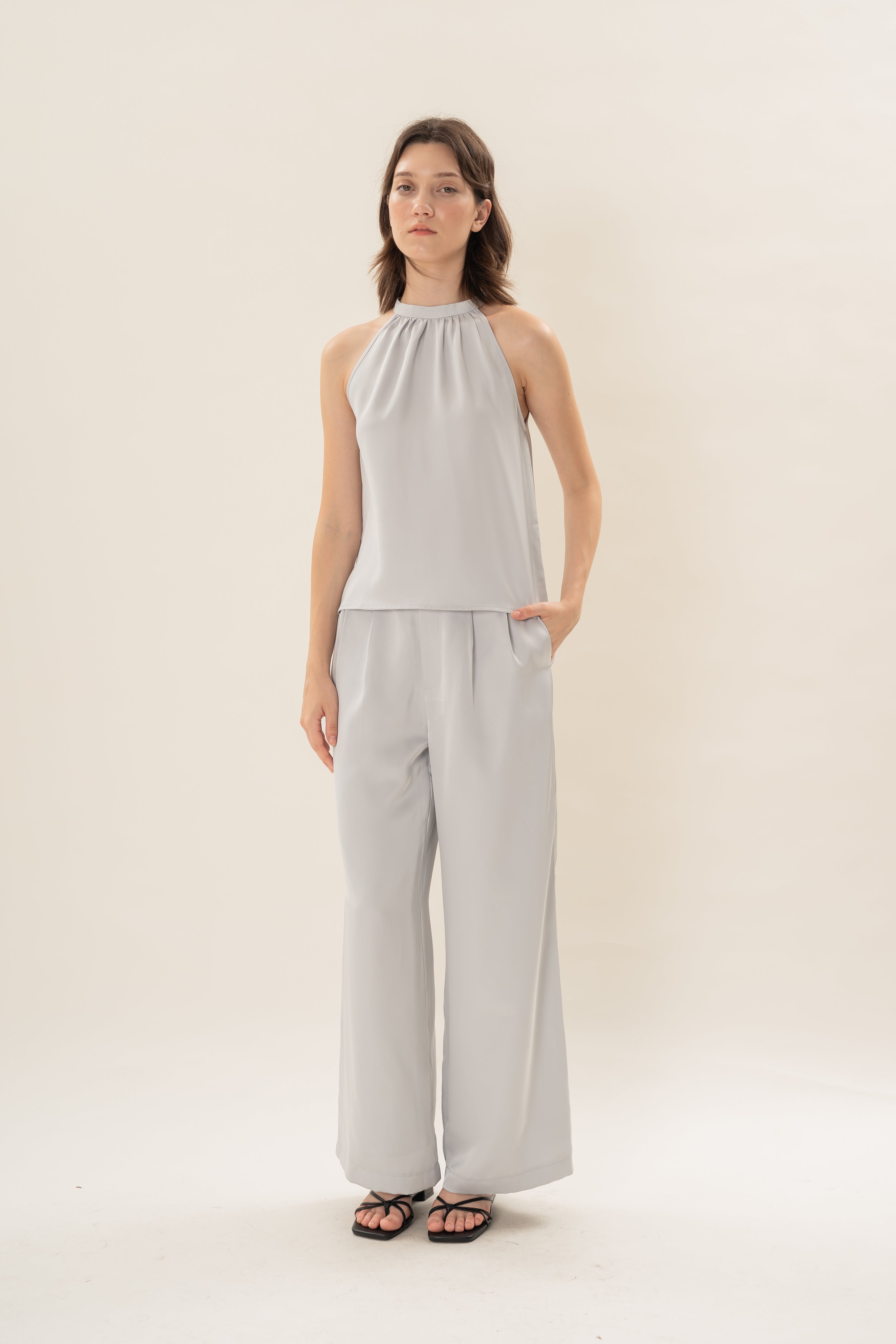 Satin Tie Back Halter Top in Muted Blue
