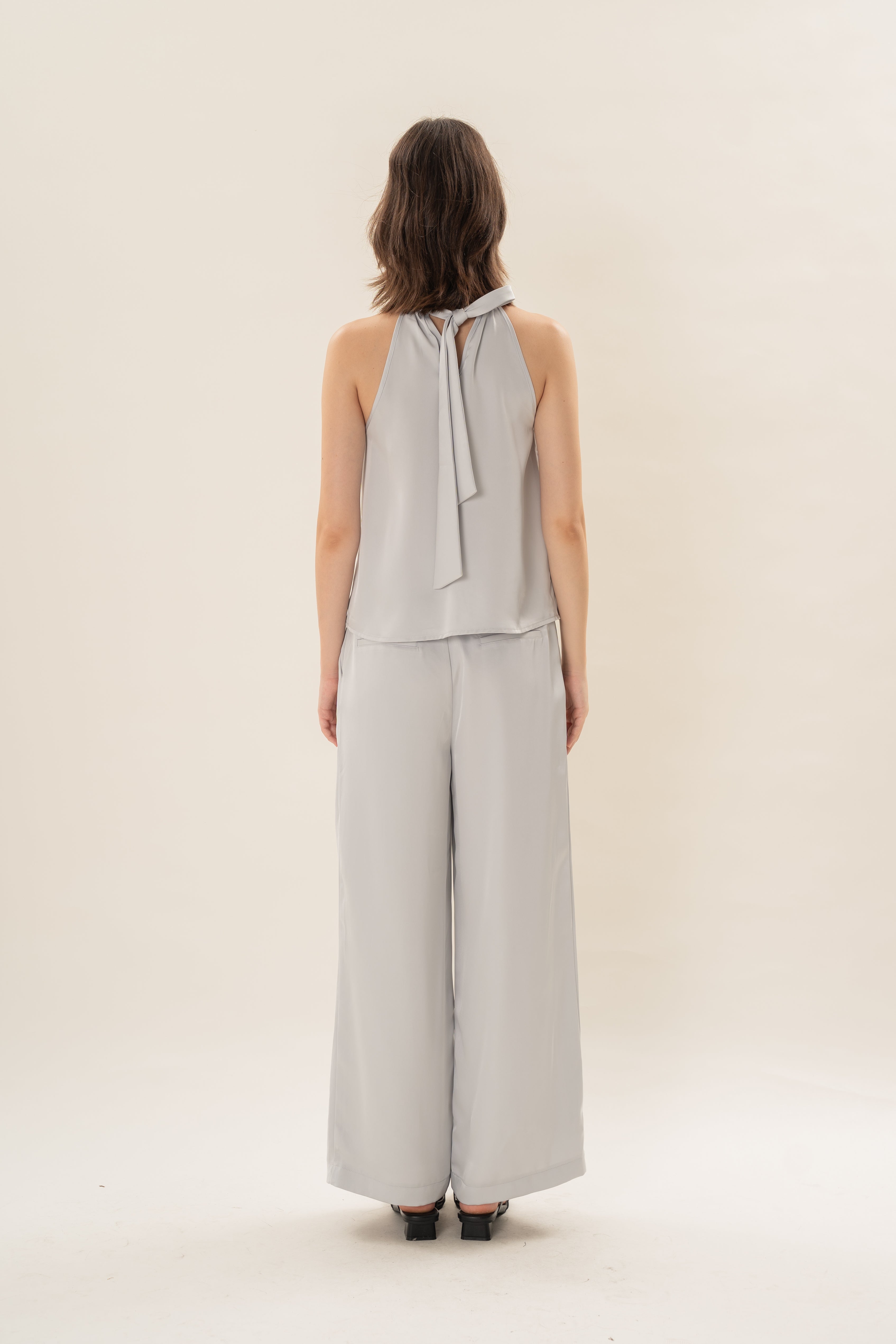Satin Tie Back Halter Top in Muted Blue