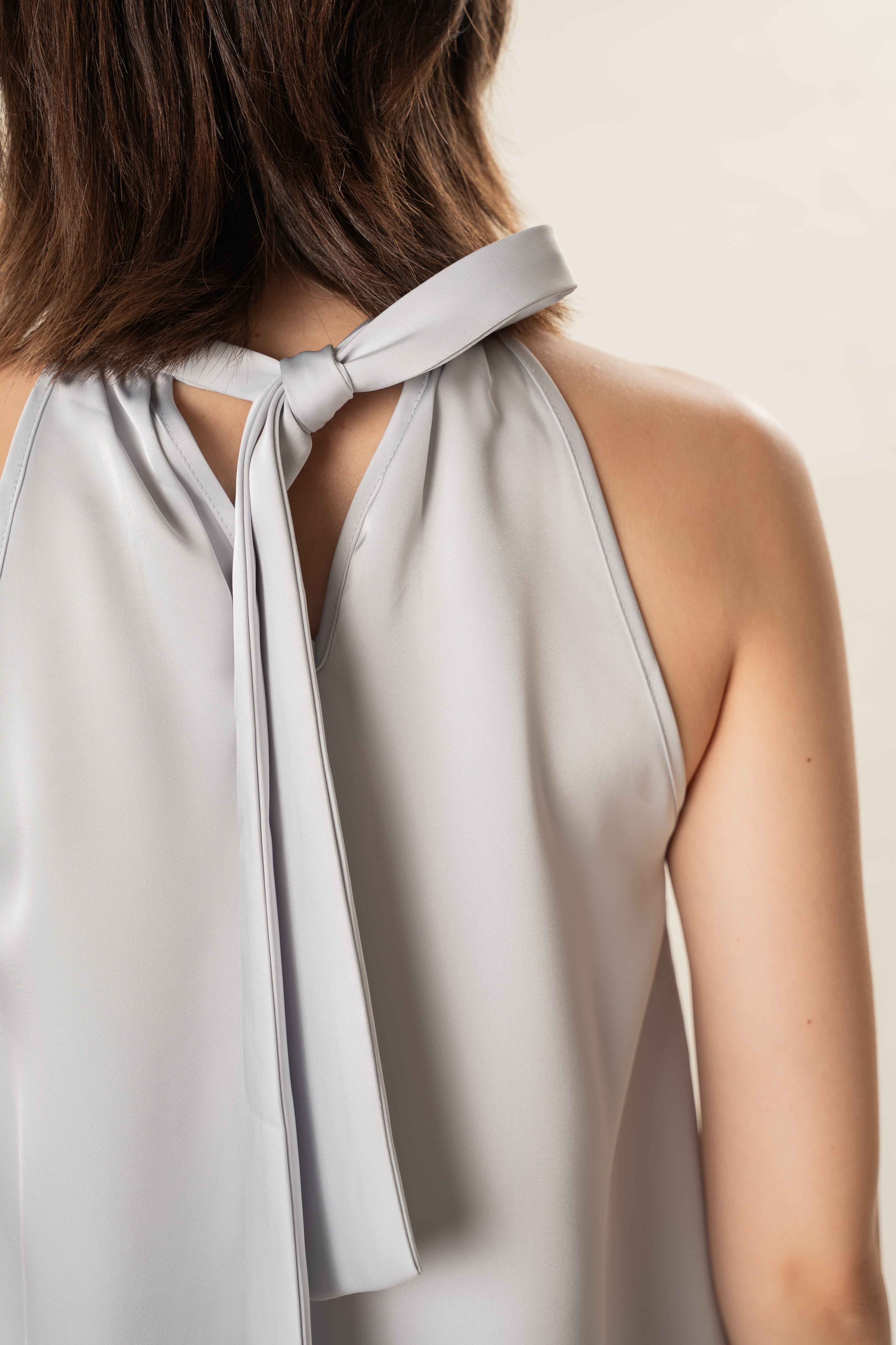 Satin Tie Back Halter Top in Muted Blue