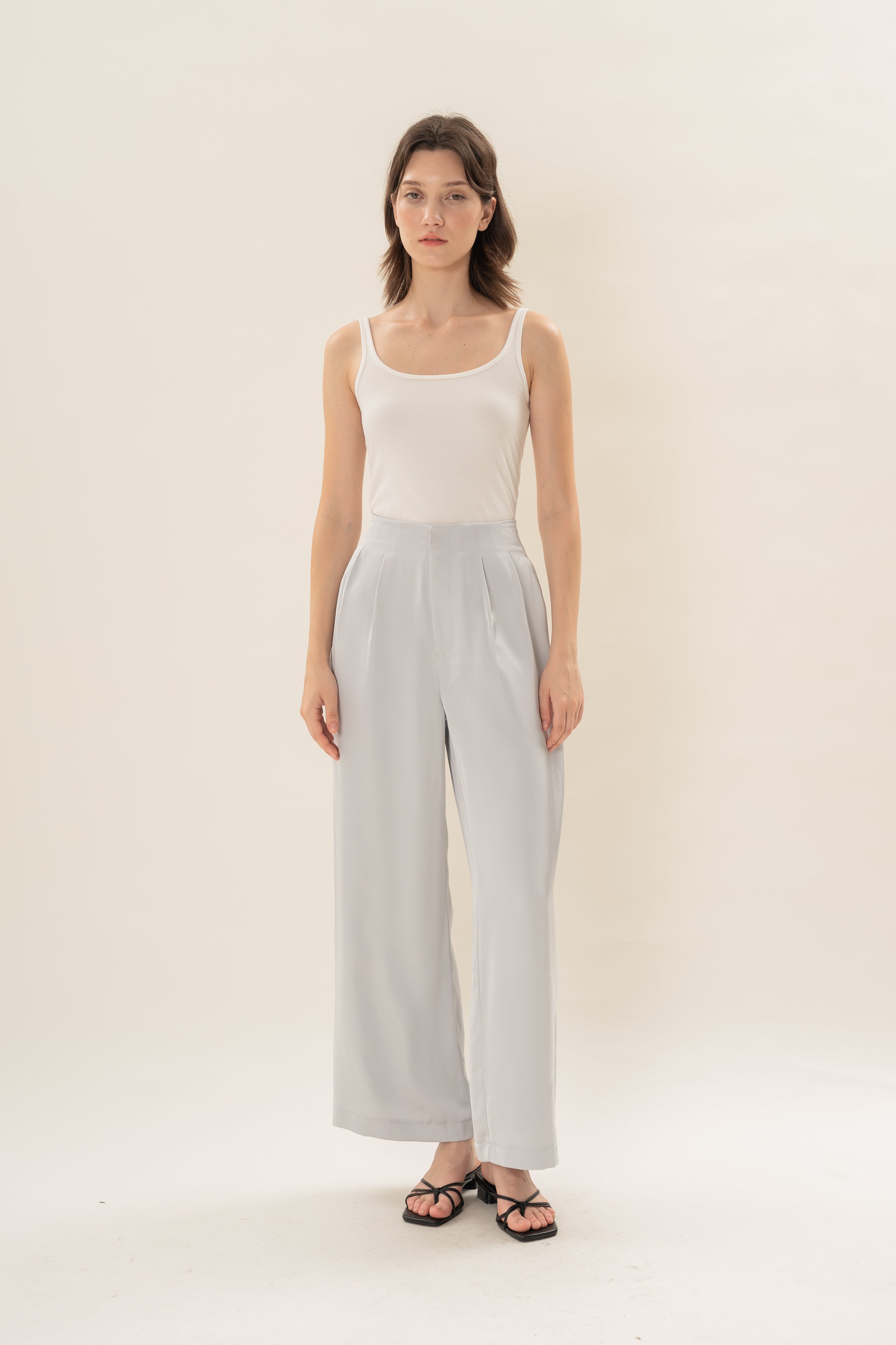 Pleated Satin Pants in Muted Blue