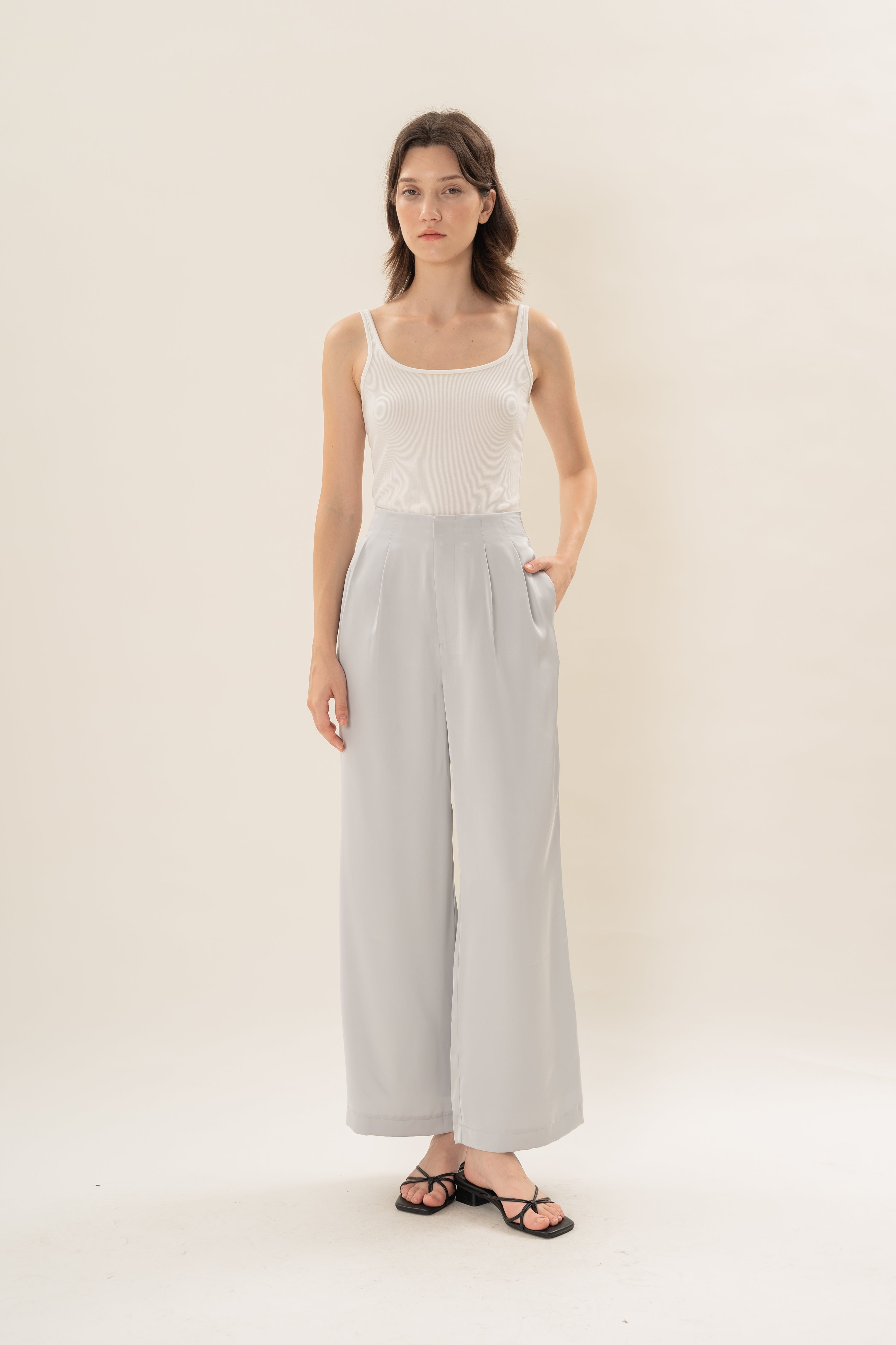 Pleated Satin Pants in Muted Blue
