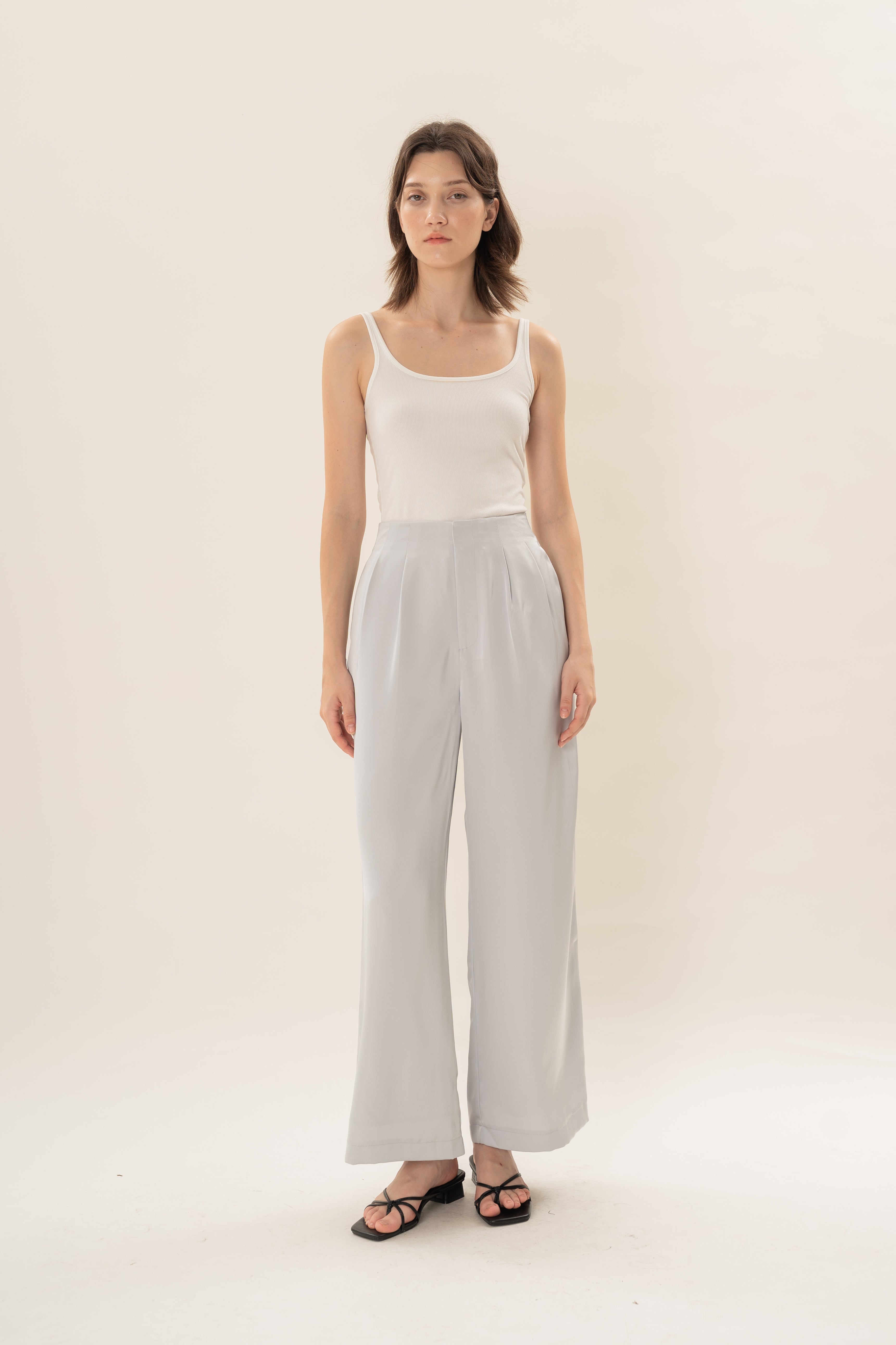Pleated Satin Pants in Muted Blue