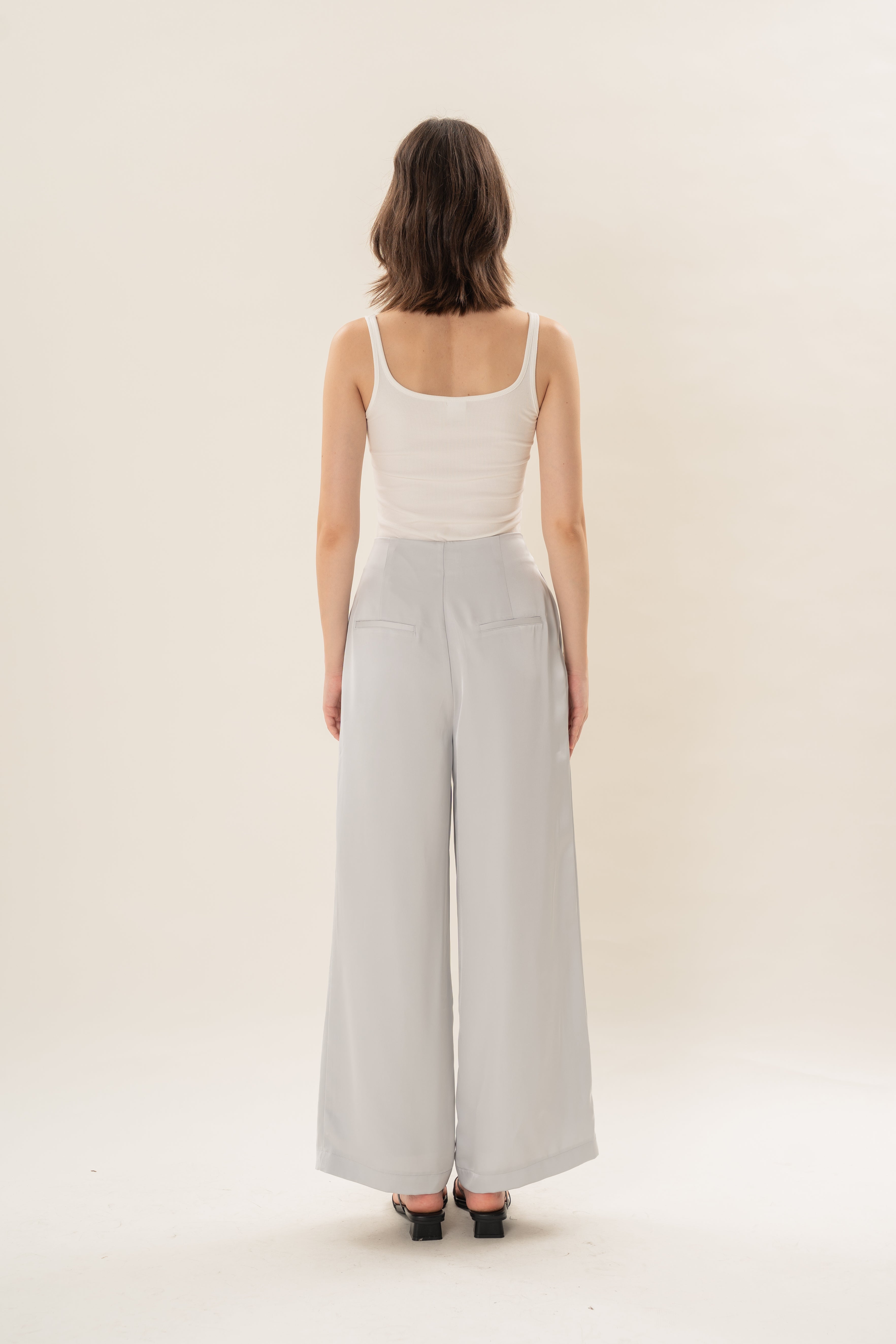 Pleated Satin Pants in Muted Blue