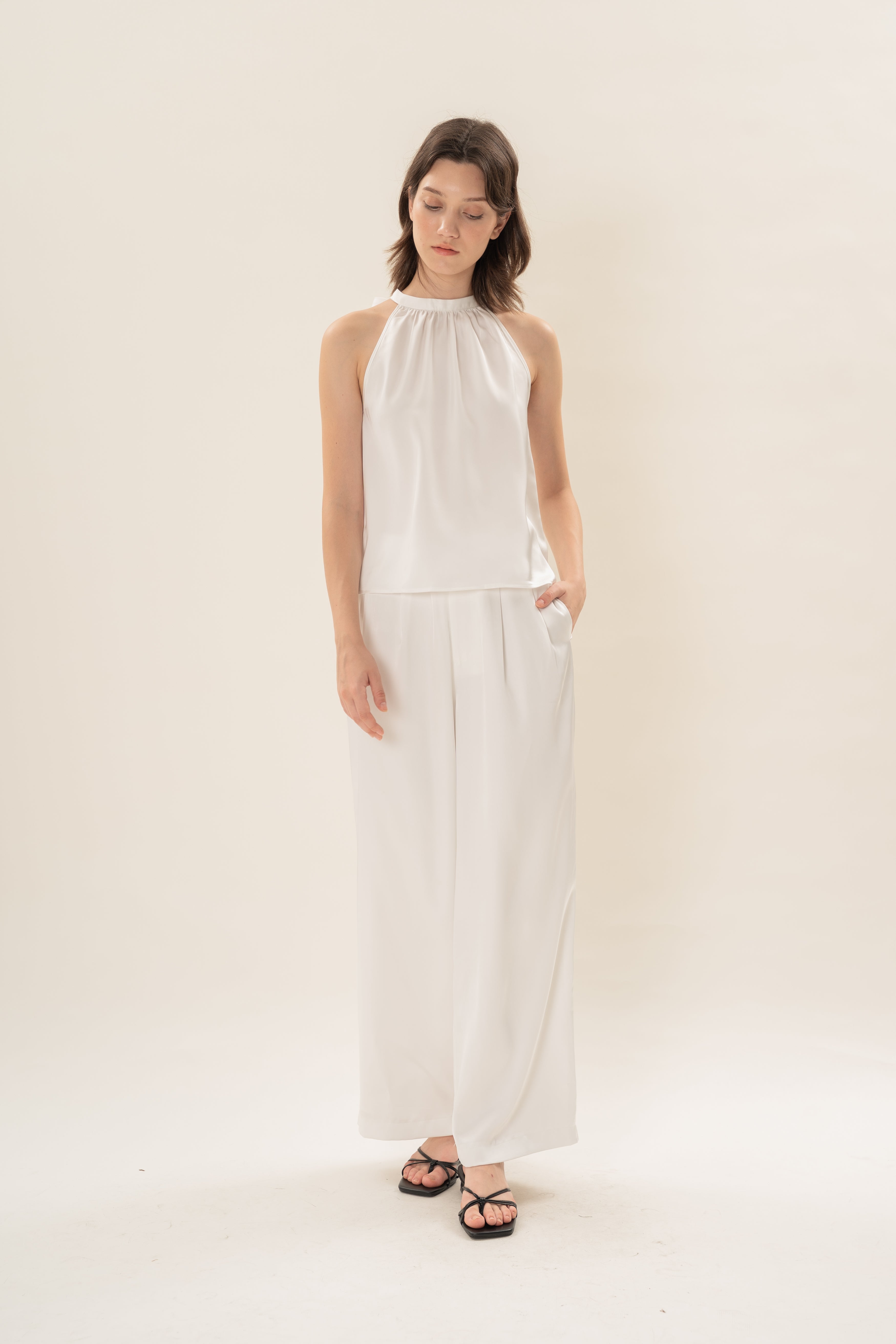 Satin Tie Back Halter Top in White