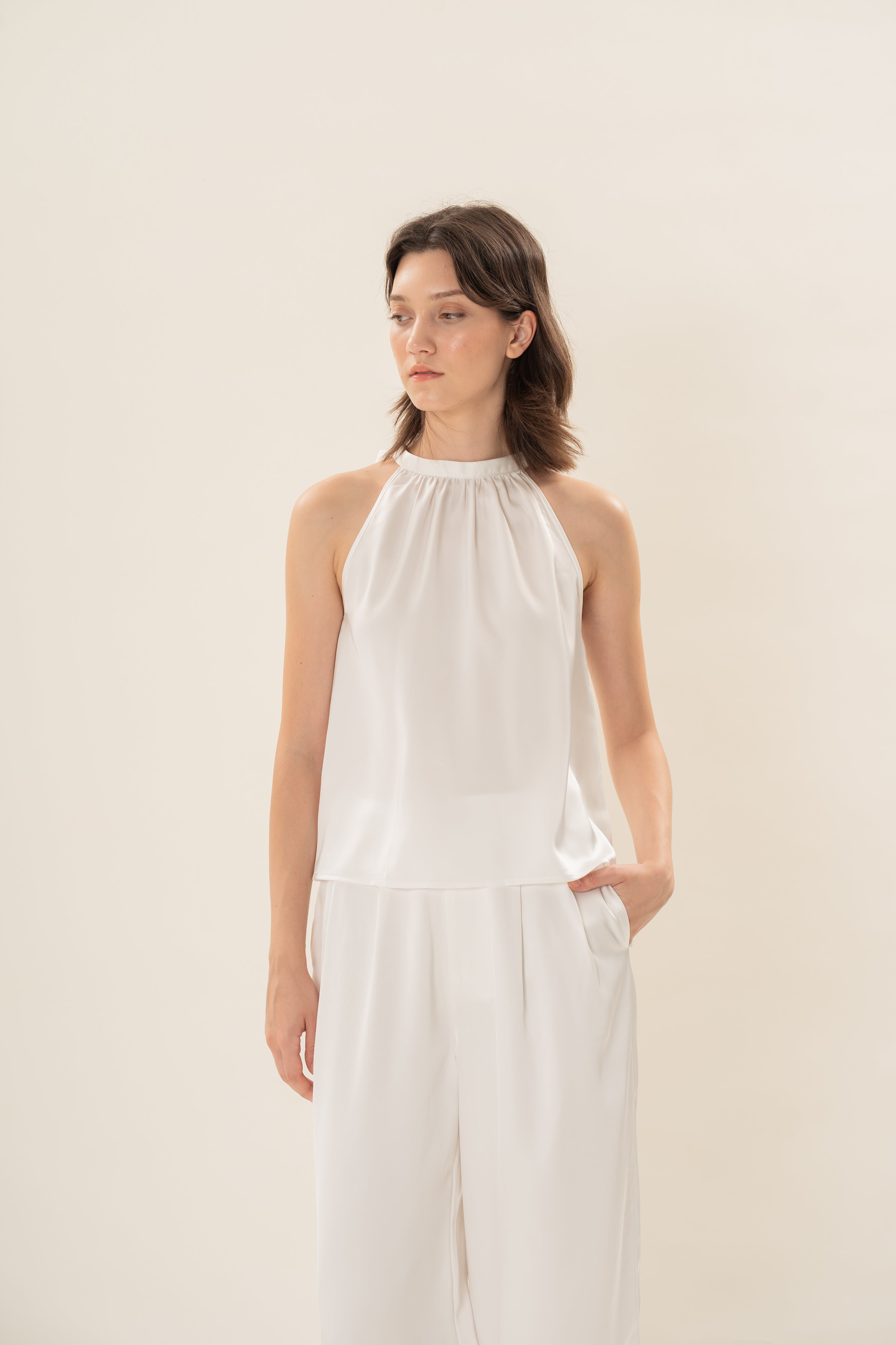 Satin Tie Back Halter Top in White