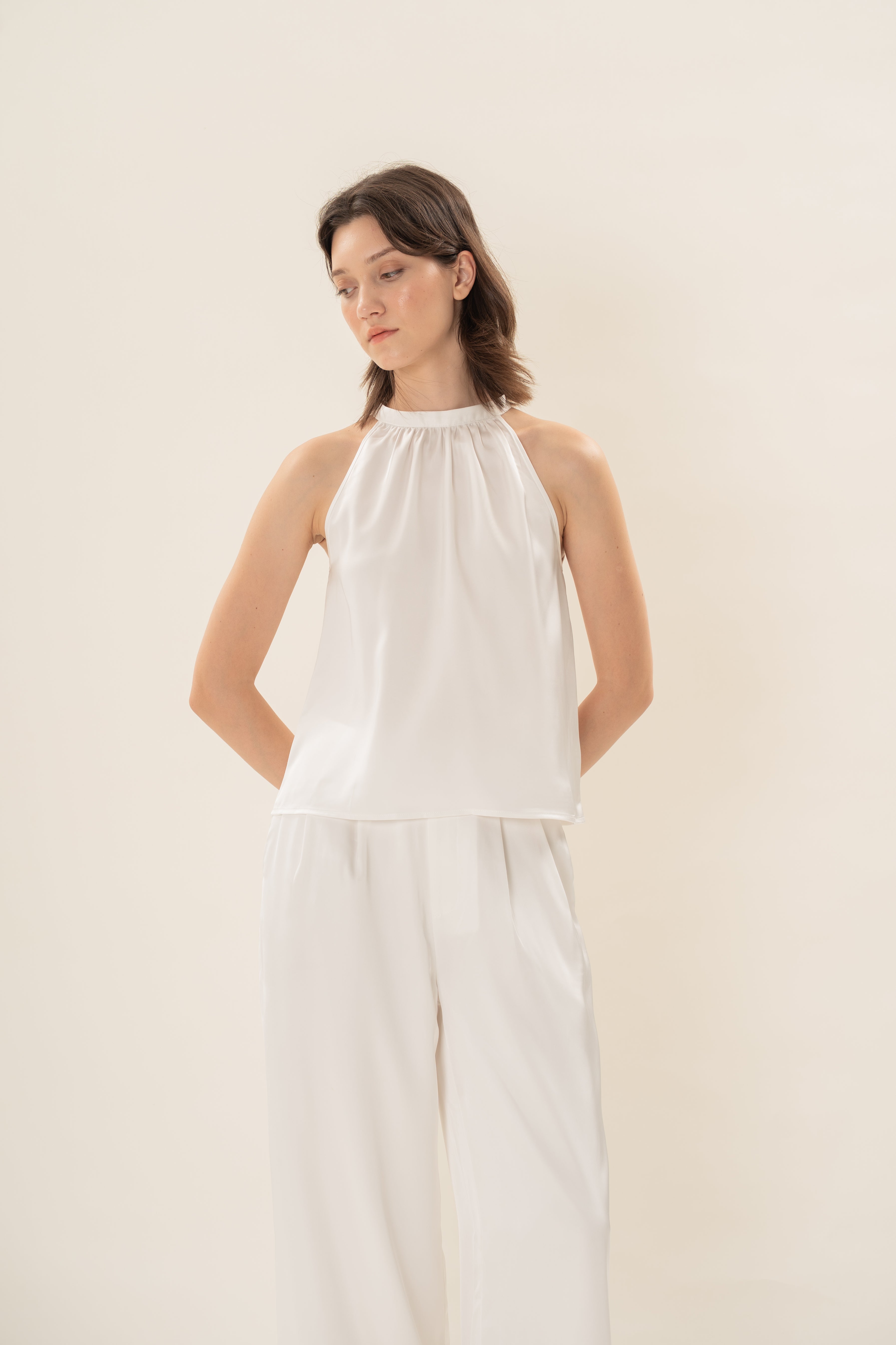 Satin Tie Back Halter Top in White