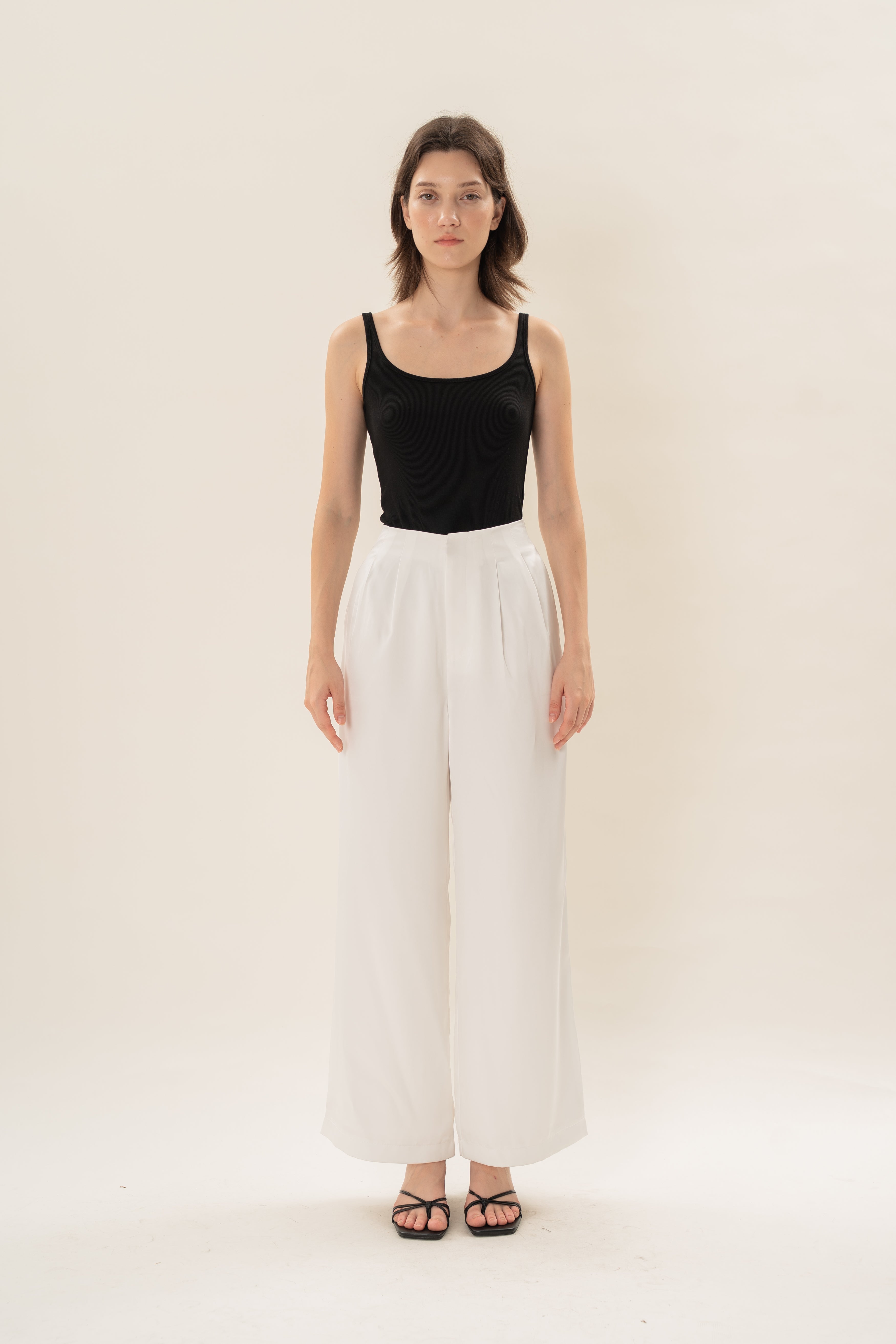 Pleated Satin Pants in White